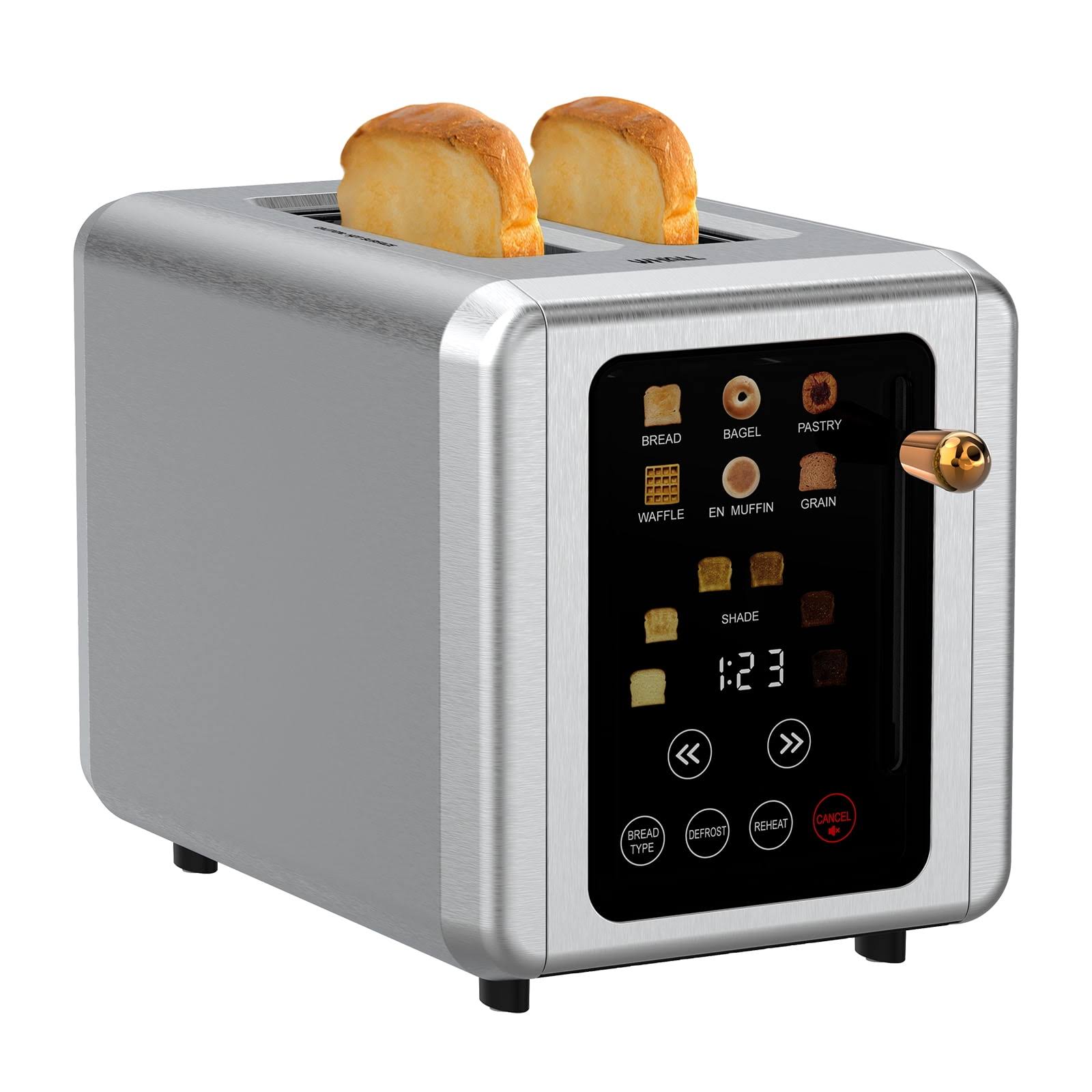 Whall 2 Slice Touchscreen Toaster - Stainless Steel Toaster with Wide Slot, 6 Shade Settings, Bagel Function, Removable Crumb Tray
