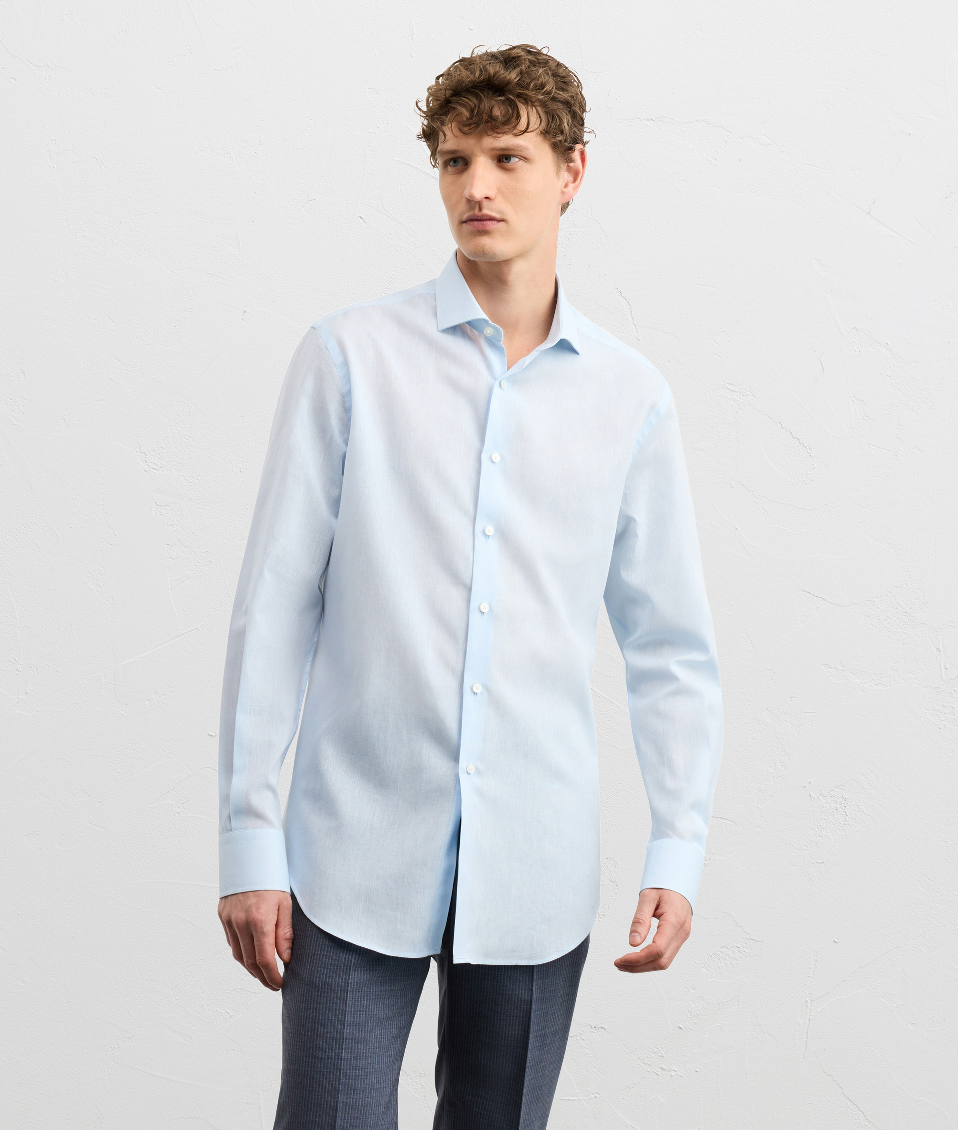 LIGHT BLUE LINEN AND COTTON SHIRT WITH SMALL TORINO COLLAR AND STANDARD CUFF