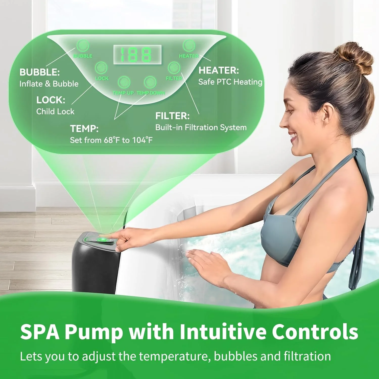 4-6 Person Inflatable Hot Tub, Square Blow Up Portable Hot Tub, Leak-Proof PVC Outdoor Spa with 130 Strong Air Jets, Heater Pump and Insulated Cover, 73�� X 73��X 25�� - Image 8