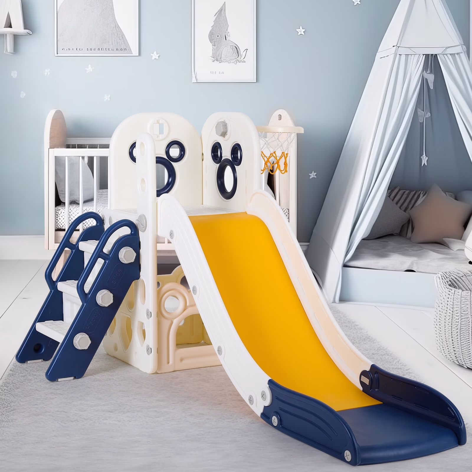 Sturdy Toddler Slide with Basketball Hoop Plastic Kids Slide Climber with Anti-Slip Steps Indoor Outdoor Children Toy Playground(Blue)