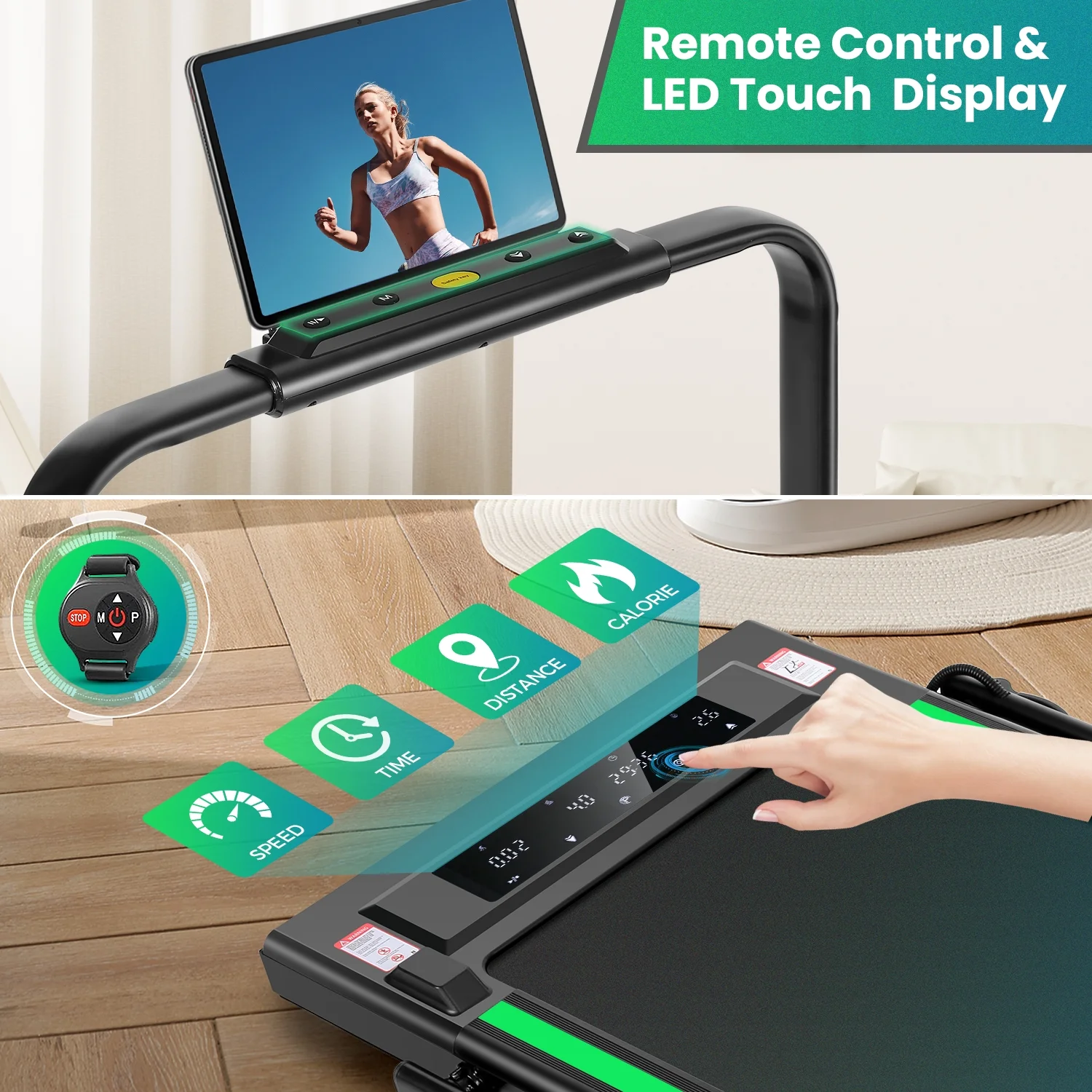 2 in 1 Walking Pad Treadmill with Incline, 2.5HP Under Desk Treadmill with Handle Remote Control LED Touch Screen for Home Office Workout, 300lbs Weight Capacity Black Green(A-98-G) - Image 9
