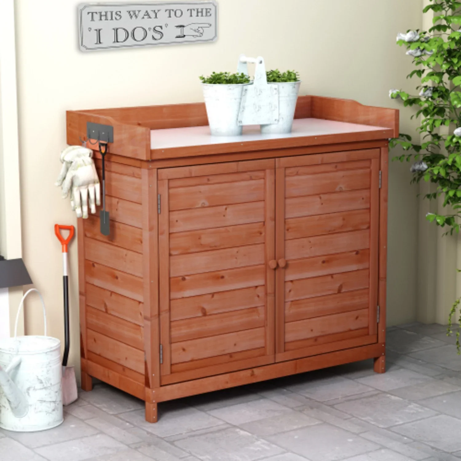 DIANJIE Outdoor 39 Potting Bench Table Rustic Wood Workstation Storage Cabinet Garden Shed with 2-Tier Shees and Side Hook
