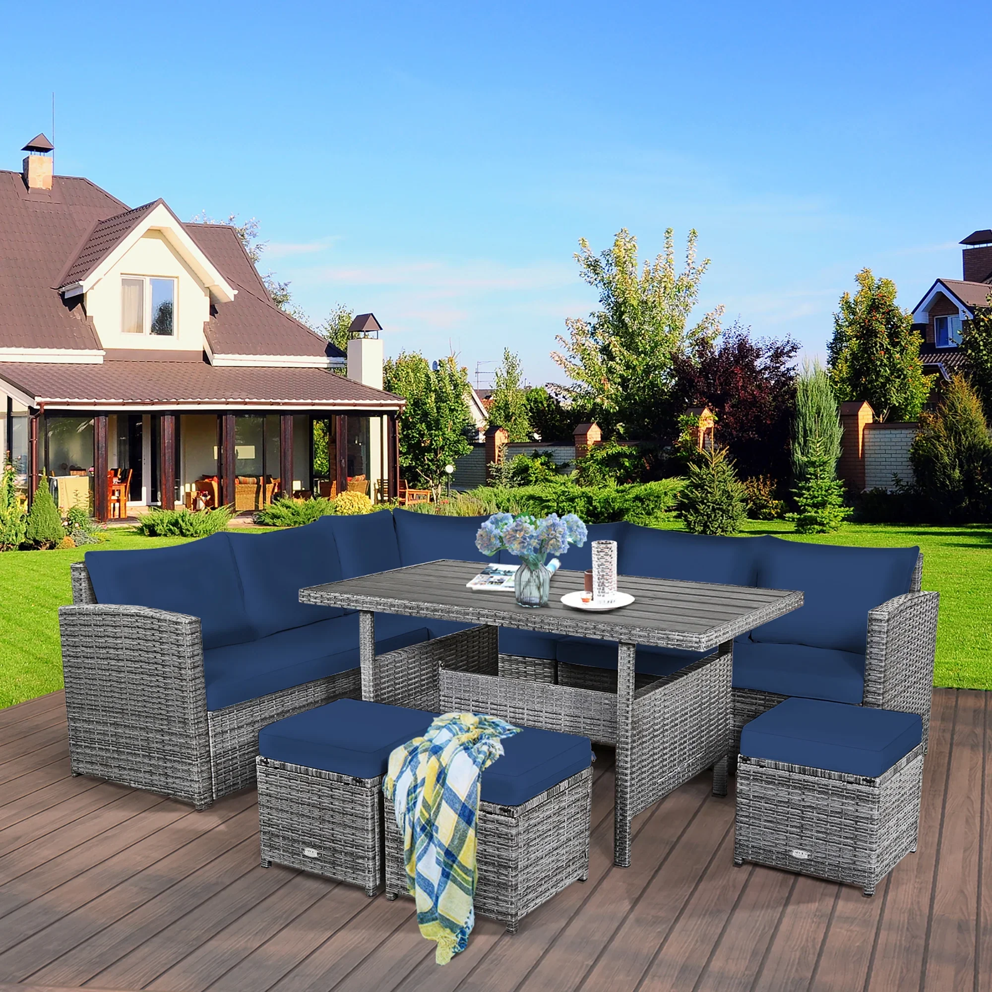 Costway 7 PCS Patio Rattan Dining Set Sectional Sofa Couch Ottoman Garden Red
