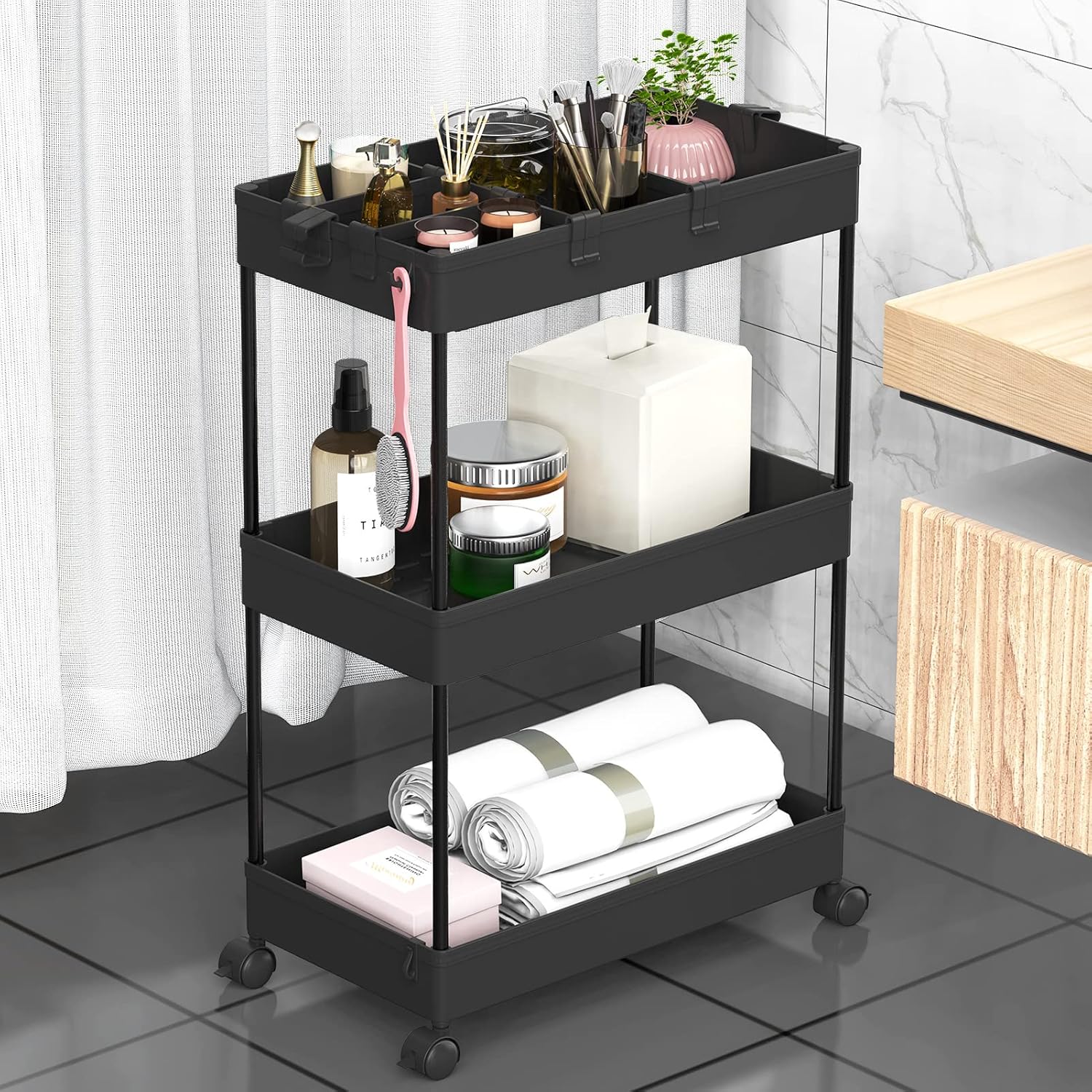 SPACELEAD 3 Tier Rolling Cart with Wheels, Storage Craft Art Trolley Organizer Serving, 3 Hanging Baskets Easy Assembly, for Office, Bathroom, Living Room, Kitchen, Black