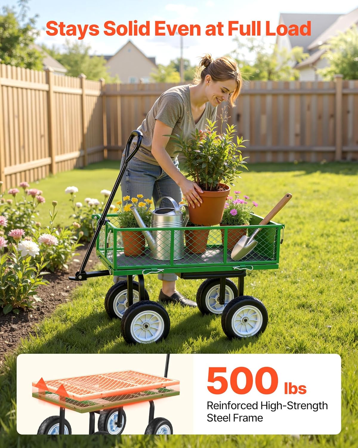 VEVOR 500 LBS Steel Garden Cart with Work Seat, Heavy Duty Garden Wagon Cart on Wheels, Outdoor Metal Utility Yard Wagon Gardening Stool with 10-inch Flat Free Tires & Adjustable Handle, Green