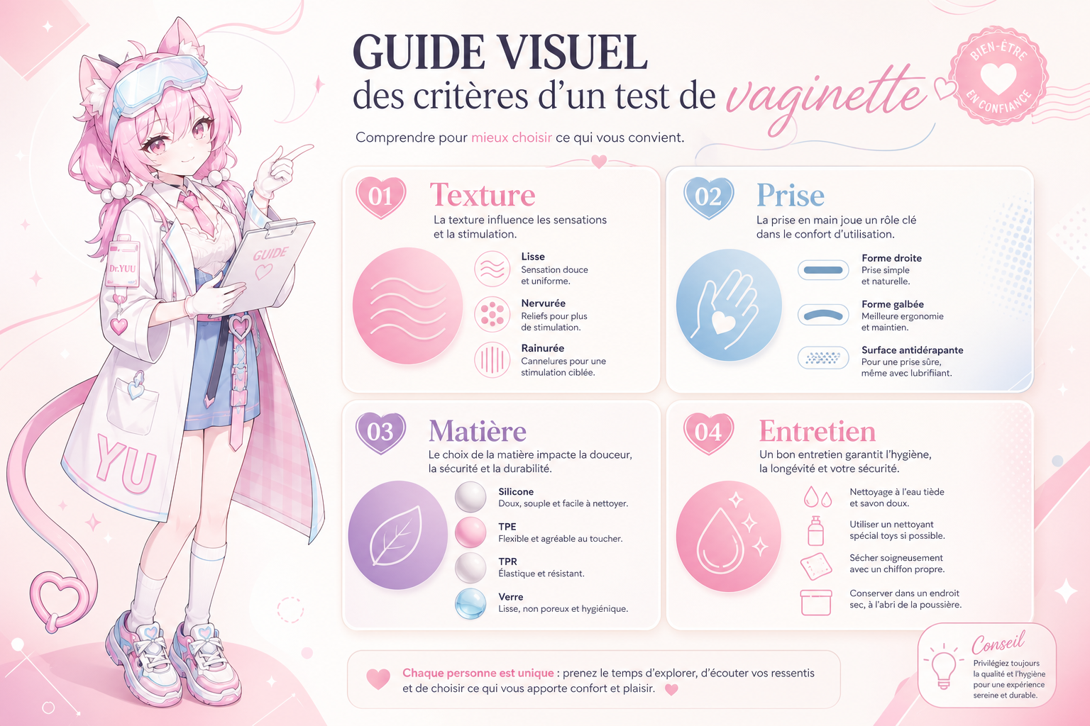 Guide visuel des critères d’un test de vaginette : texture, prise, matière et entretien