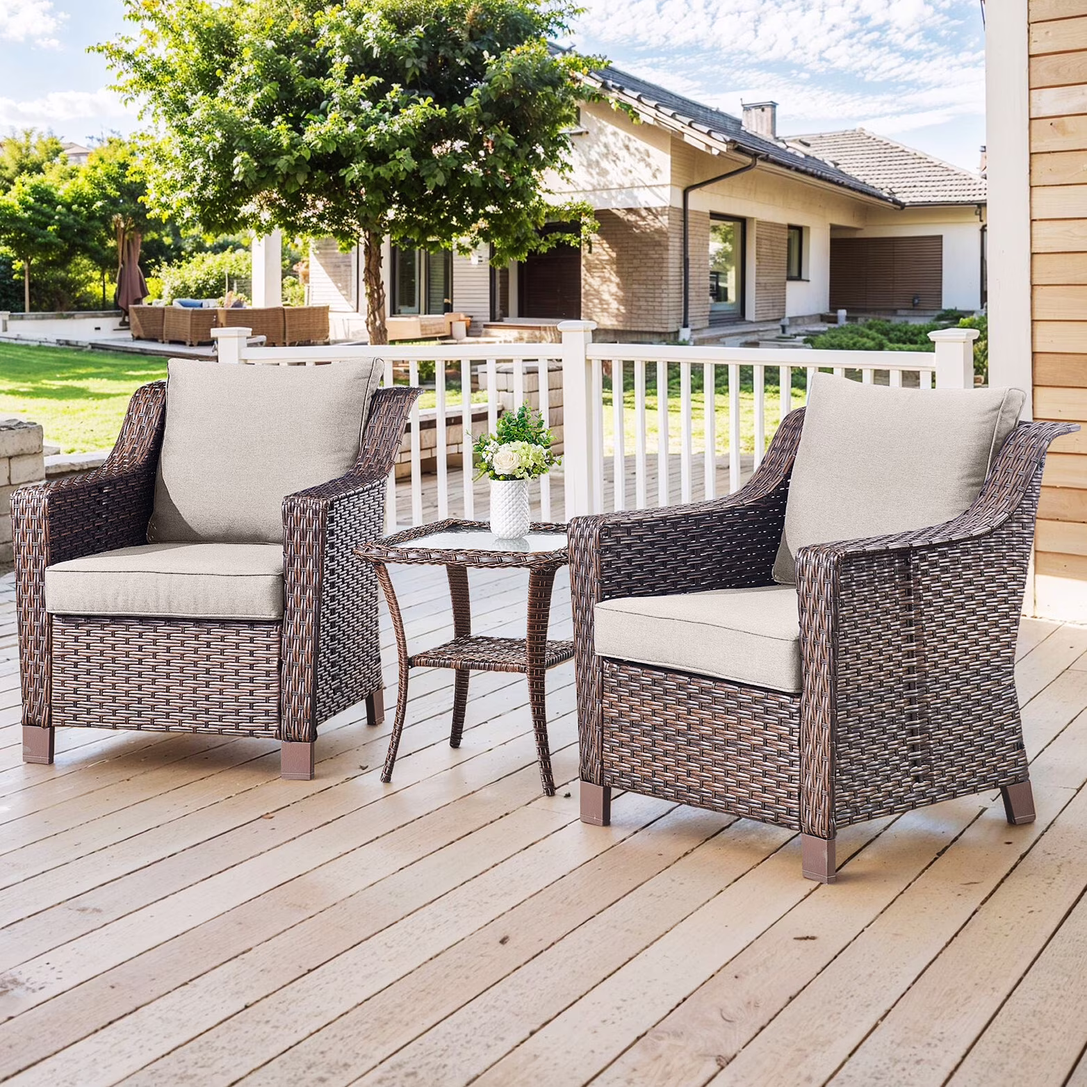 Bellefurn Outdoor Wicker Patio Chairs Set of 2 with Side Table, All - Weather Wicker Rattan Chairs Patio Furniture Chairs for Porch Balcony Backyard Yard Deck