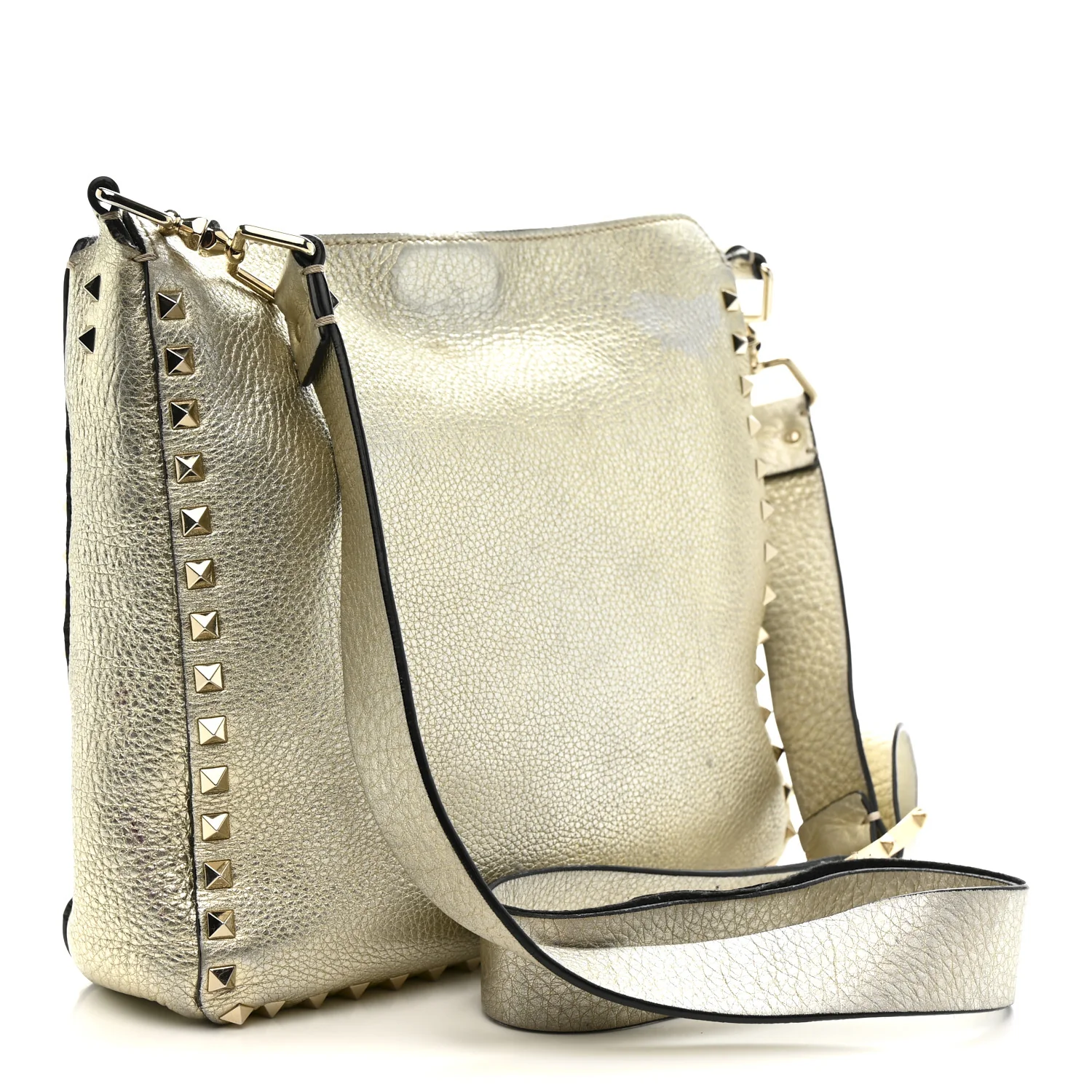 Metallic Pebbled Calfskin Small Rockstud Flip-Lock Messenger Bag Platino