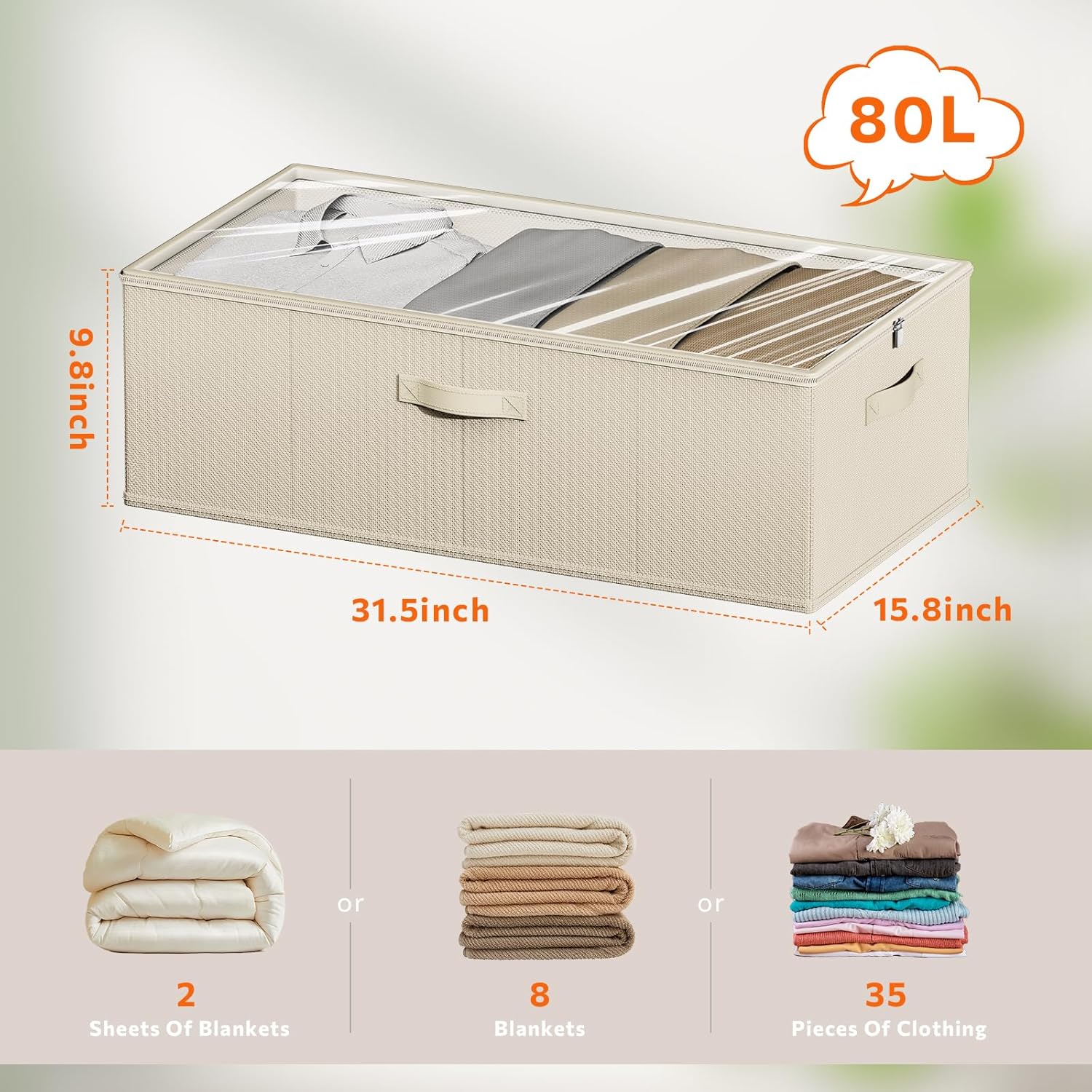 10inch 3 Pack Under Bed Storage Containers, 10 Inch Tall Underbed Clothes Storage Organizer Bin with Clear Window, Foldable Box Basket for Clothes, Closet, Bed Sheets and Blankets Beige