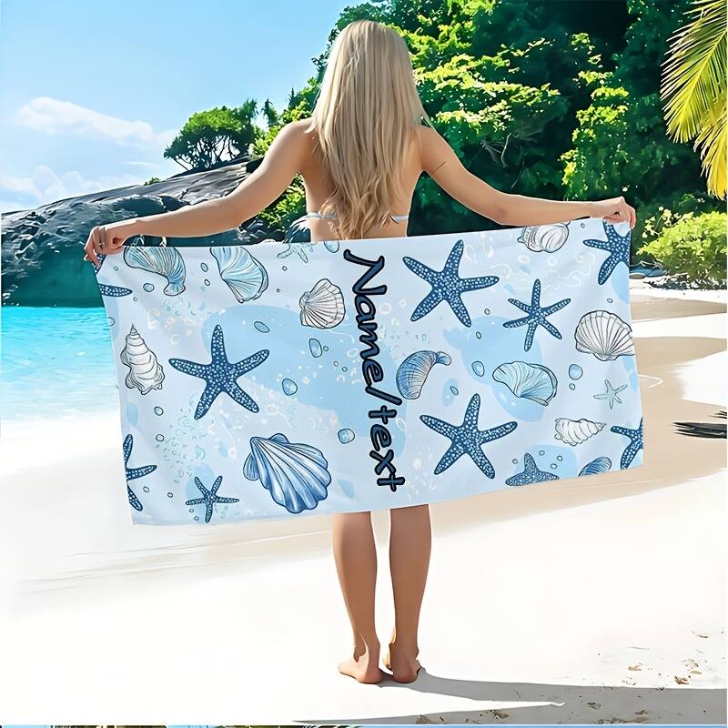1pc personalized starfish and shell pattern beach towel, customizable with name/text, suitable for beach, seaside, camping, swimming, yoga, beach parties, sand-proof blanket, bachelor parties, showers, sunbathing, party gifts - wanlinfang