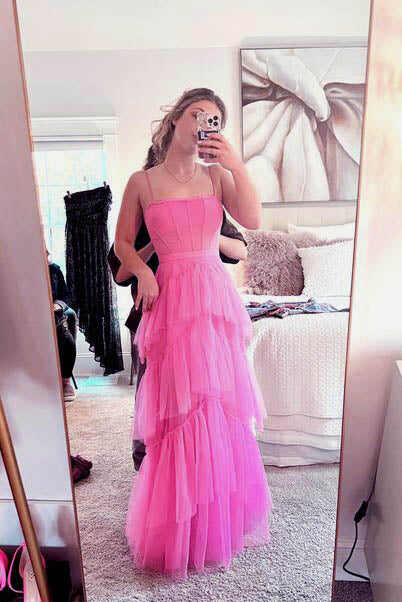 Hot Pink Spaghetti Straps Floor Length Prom Dresses With Ruffles, A Line Tulle Formal Gown DMP113