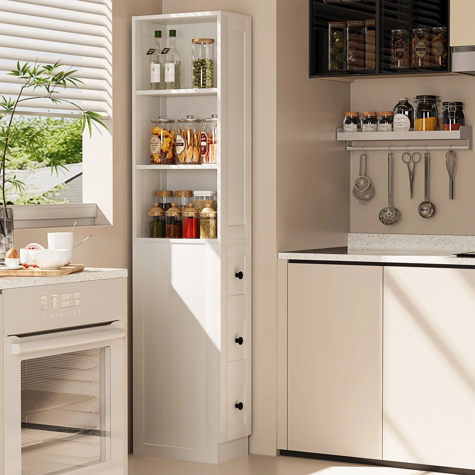 LAUSAINT HOME Bathroom Storage Cabinet, Tall Thin White Storage with 2 Adjustable Shelves & 3 - Level Drawers for Home, Kitchen