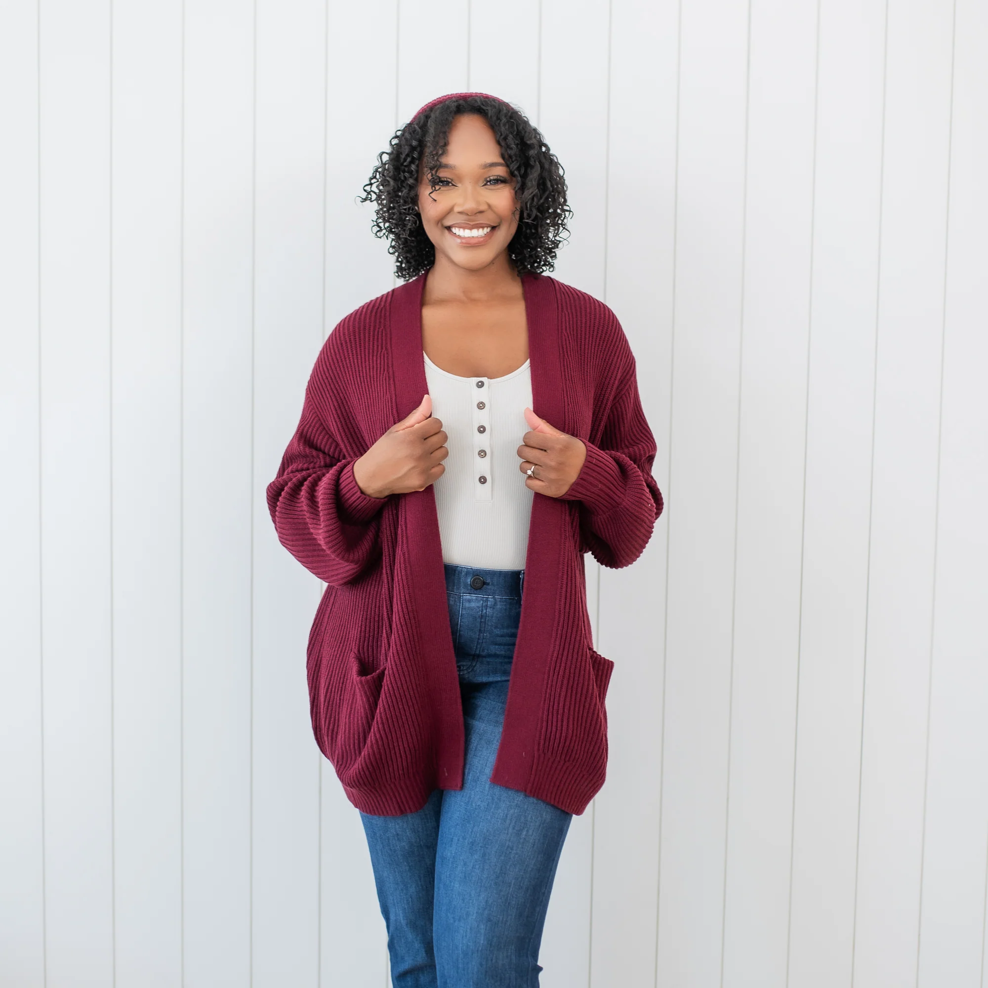 Chunky Knit Women's Oversized Cardigan in Burgundy