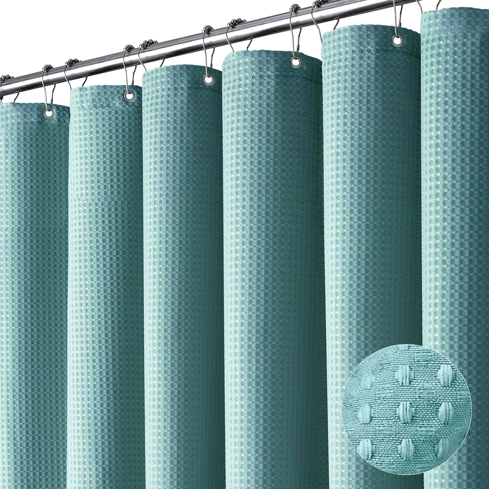 Dynamene Teal Fabric Shower Curtain - Waffle Weave Heavy Duty Cloth Shower Curtains for Bathroom, 256GSM Hotel Luxury We