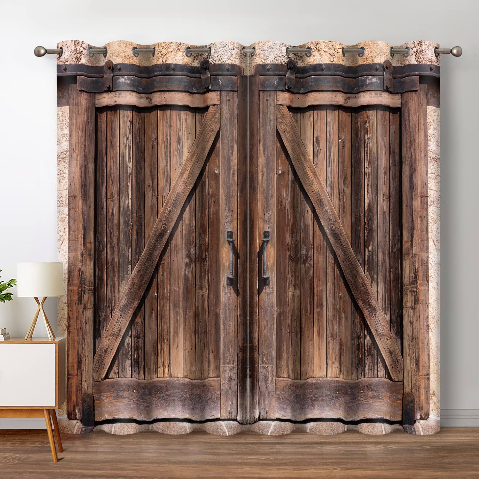 Jekeno Rustic Wood Blackout Curtains Vintage Wooden Barn Door Farmhouse Home Bedroom Living Room Decor Brown Grommet Window Drapes 2 Panel Set, 52