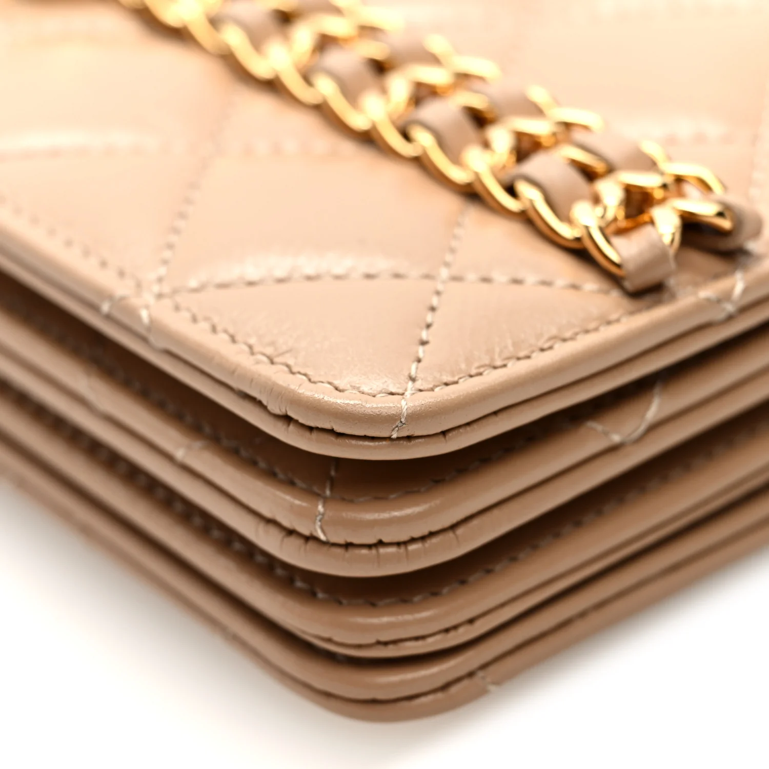 Shiny Aged Calfskin Quilted Clutch With Chain Dark Beige