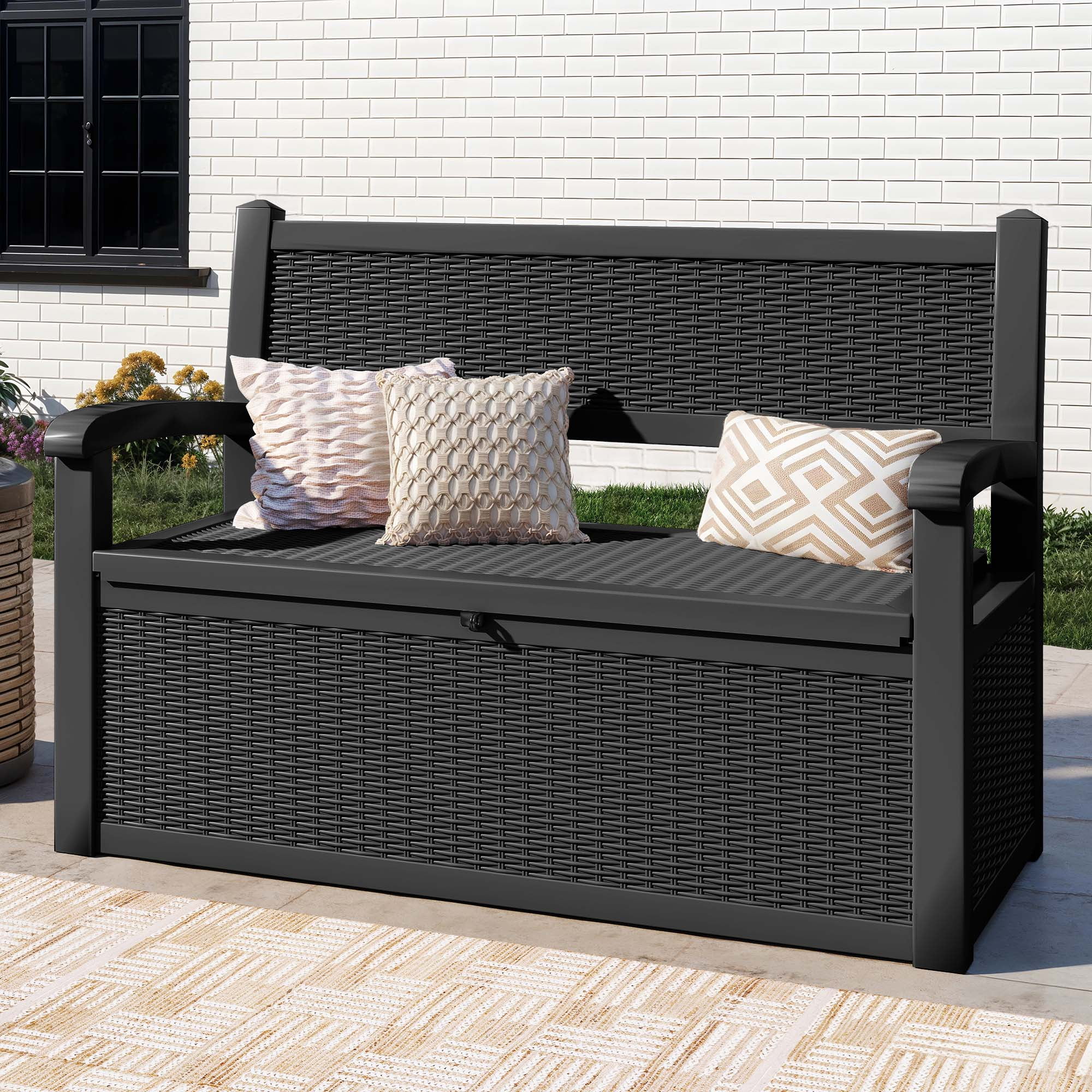 70-Gallon Outdoor Resin Storage Cabinet with Rattan Backrest �C Waterproof Patio Bench Seat, 500 lbs Capacity, Black - Image 5