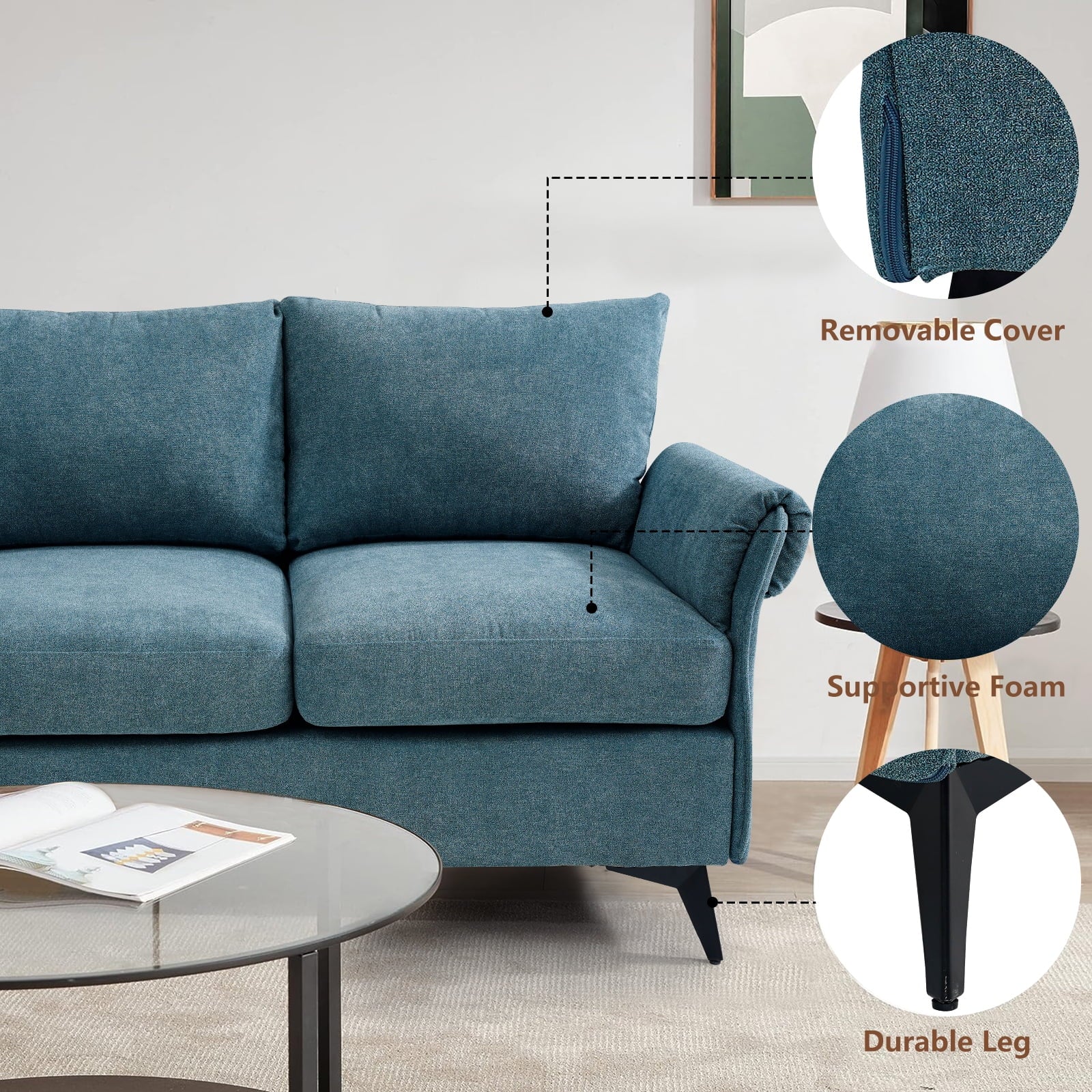 Fairyland Modern Sofa for Living Room, Small Loveseat for Small Space, Easy to Install, Blue(Beige)