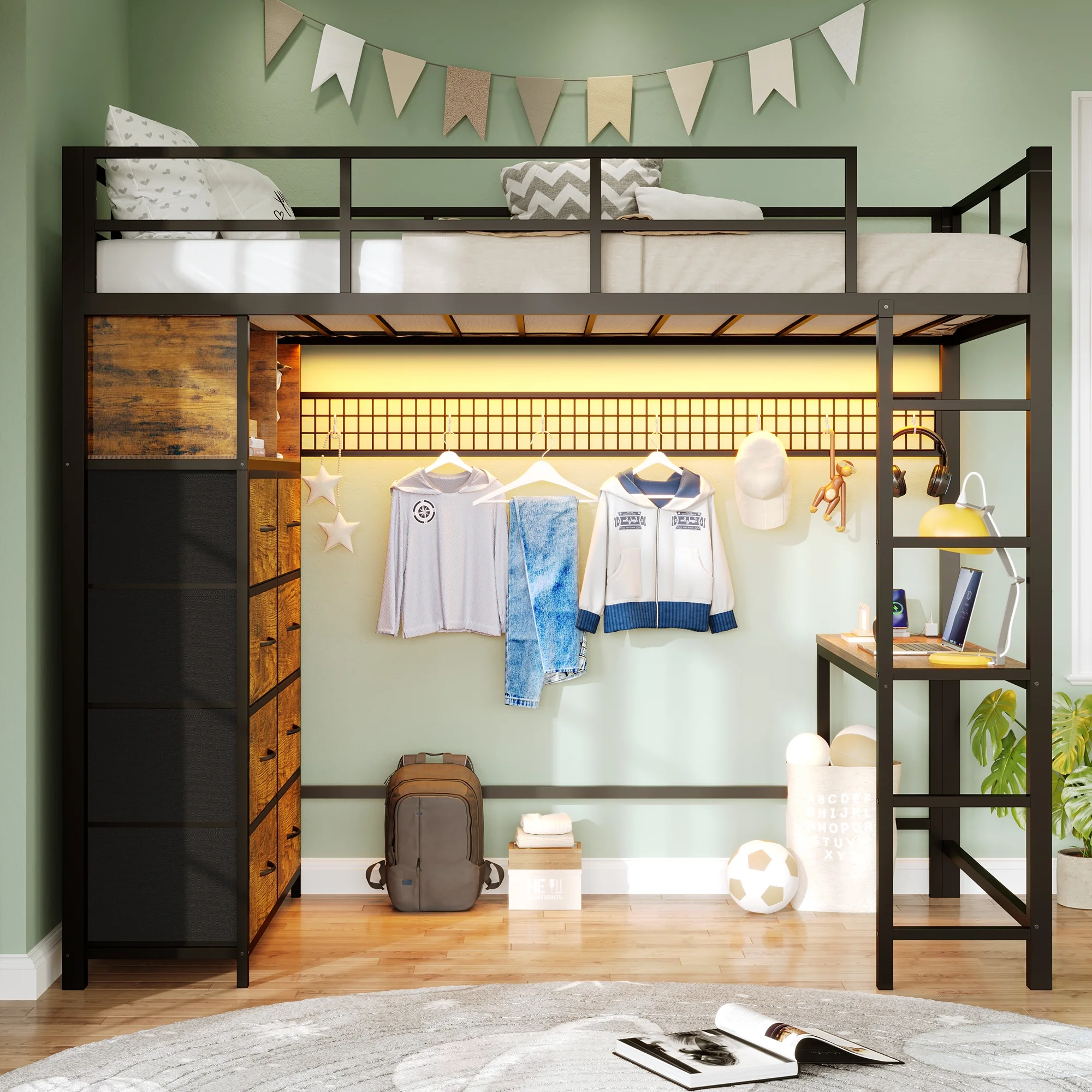 Twin Size Loft Bed with Desk and 8 Storage Drawers and Charging Station, Metal Loft Bed Twin with LED Lights, Storage Shelves, Black(Brown) - Image 4
