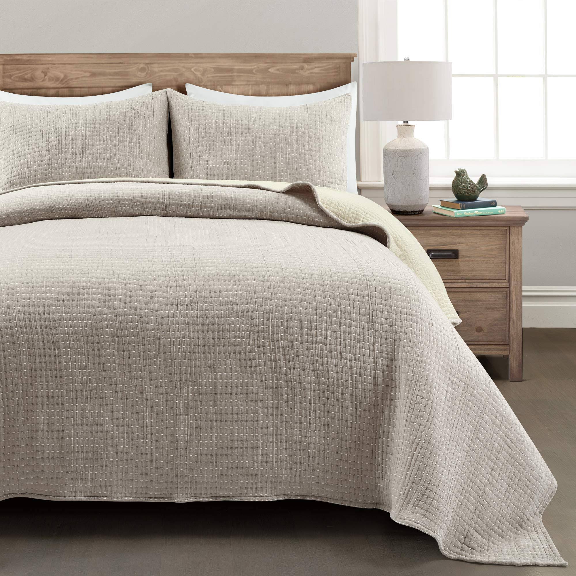 Lush Decor Solid Kantha Pick Stitch Yarn Dyed Cotton Woven Quilt/Coverlet Neutral/Off White 3PC Full/Queen