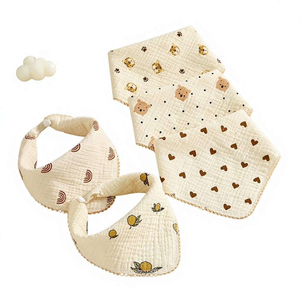 Cartoon Printed Baby Muslin Square Towel Foldable Triangle Bib 4-Layer Absorbent 0-5s Cute