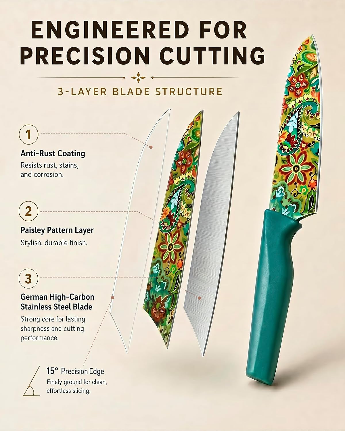 Astercook Paisley Pattern Knife Set with Cover