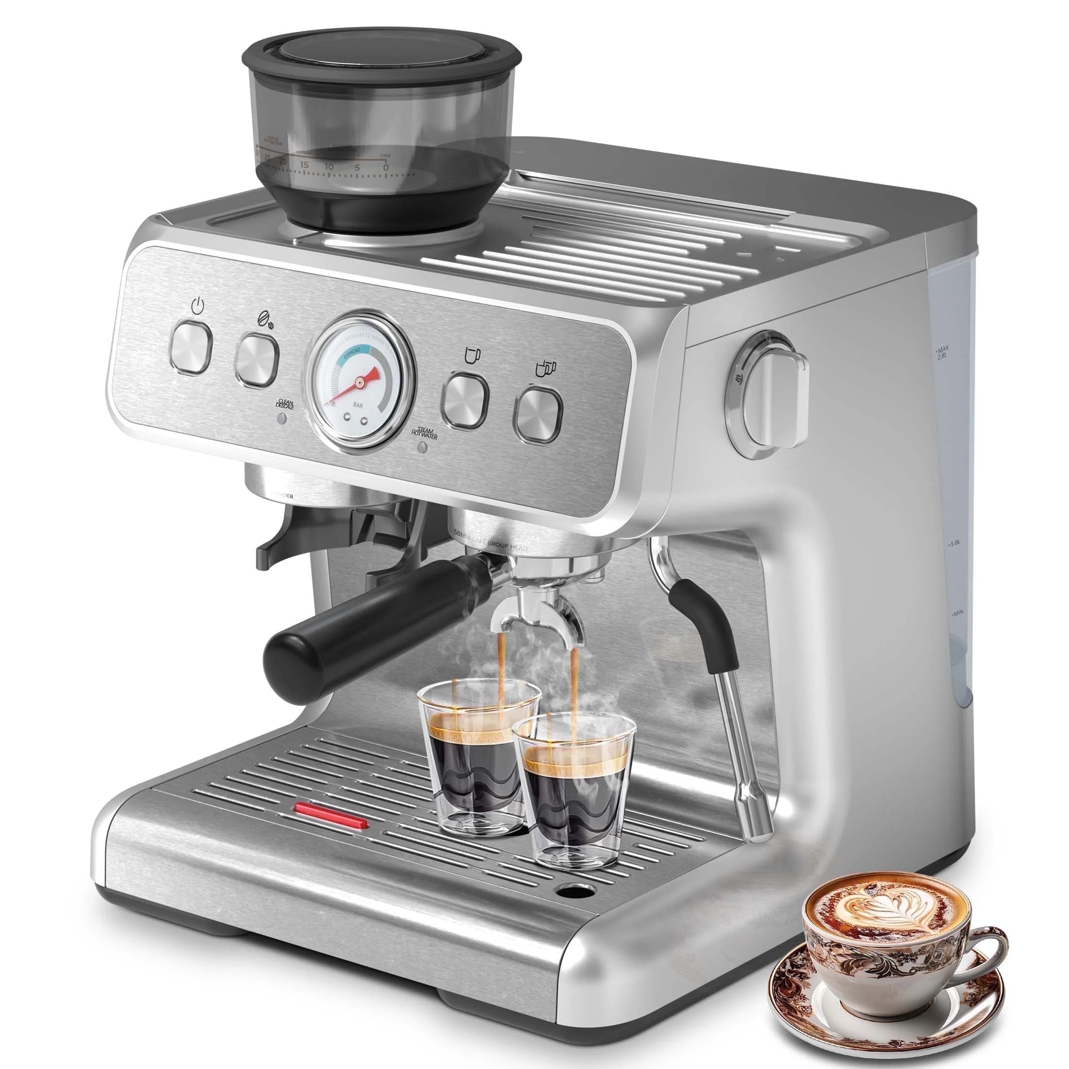 20 Bar Automatic Espresso Coffee Maker with Grinder and Milk Frother Steam Wand, Drip Hot Coffee, 12 Cups, Espresso/Cappuccino/Latte/Mocha for Home, Stainless Steel - Image 8