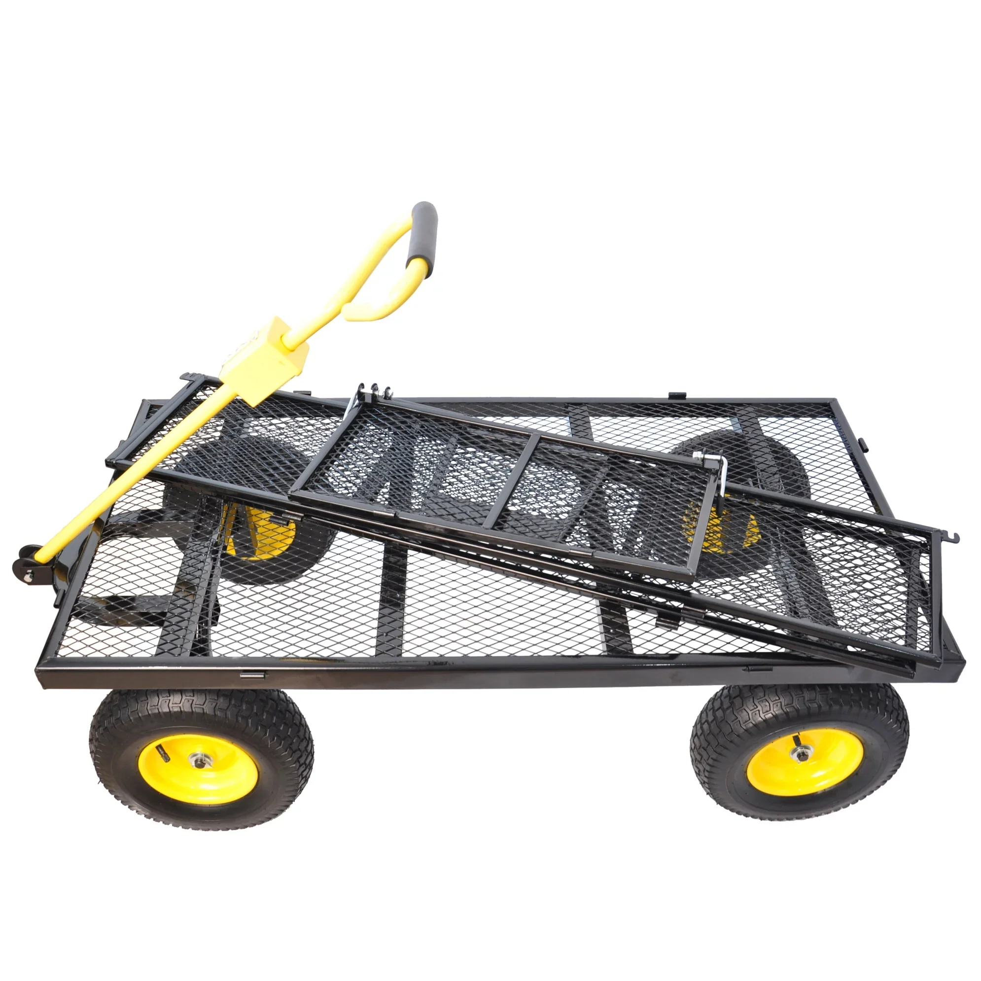 Push Pull Outdoor Garden Cart with 180 Degree Steering Range Handle and 4 Wheels, Tool Wagon Cart with Removable Mesh Fence, Metal Utility Wagon Truck for Grocery Camping Shopping Sports