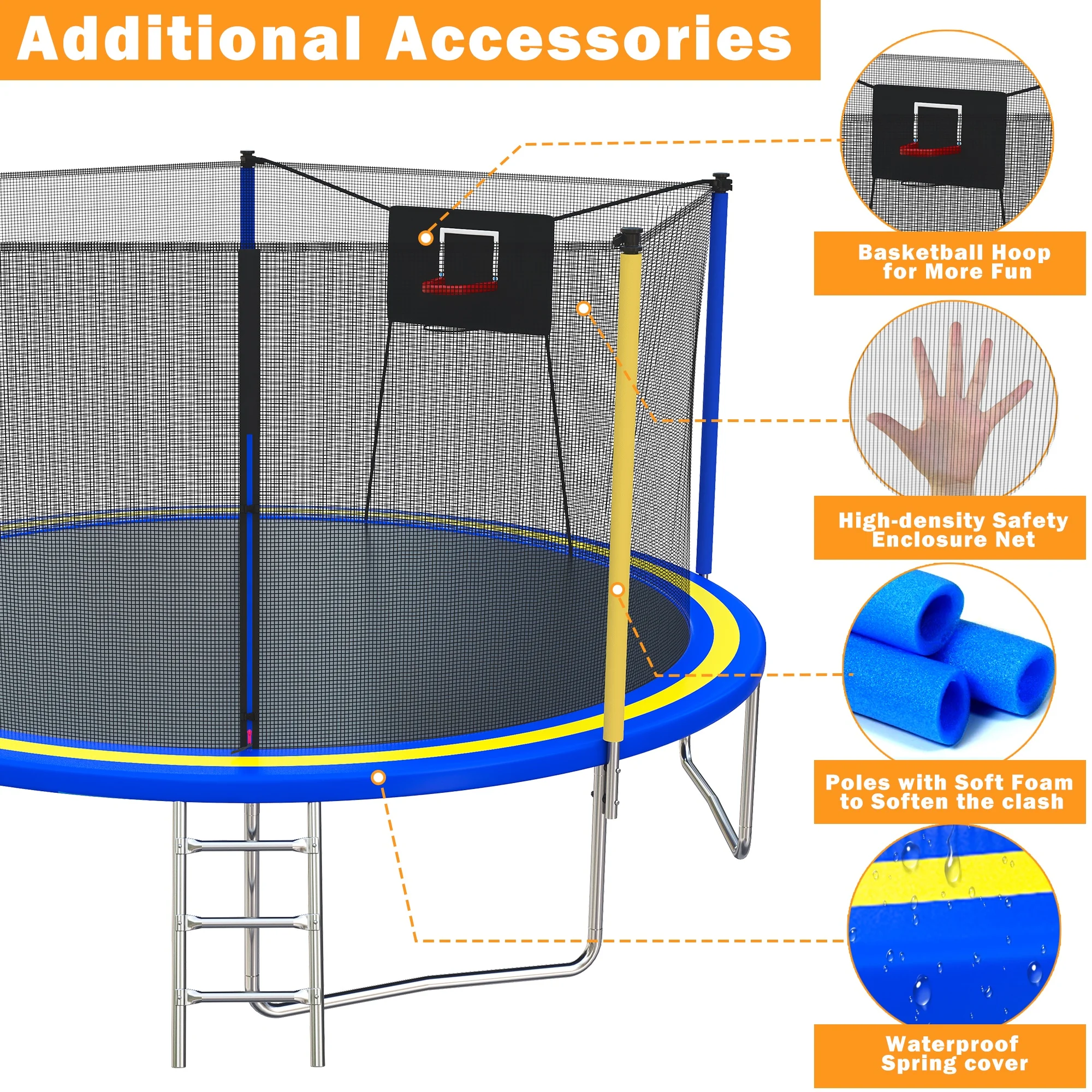 14FT Trampoline with Enclosure for Kids and Adults, Upgraded Kids Recreational Outdoor Trampoline with Basketball Hoop, Ladder, Heavy Duty Round Backyard Trampoline for Indoor Outdoor(Navy Blue+Yellow) - Image 6
