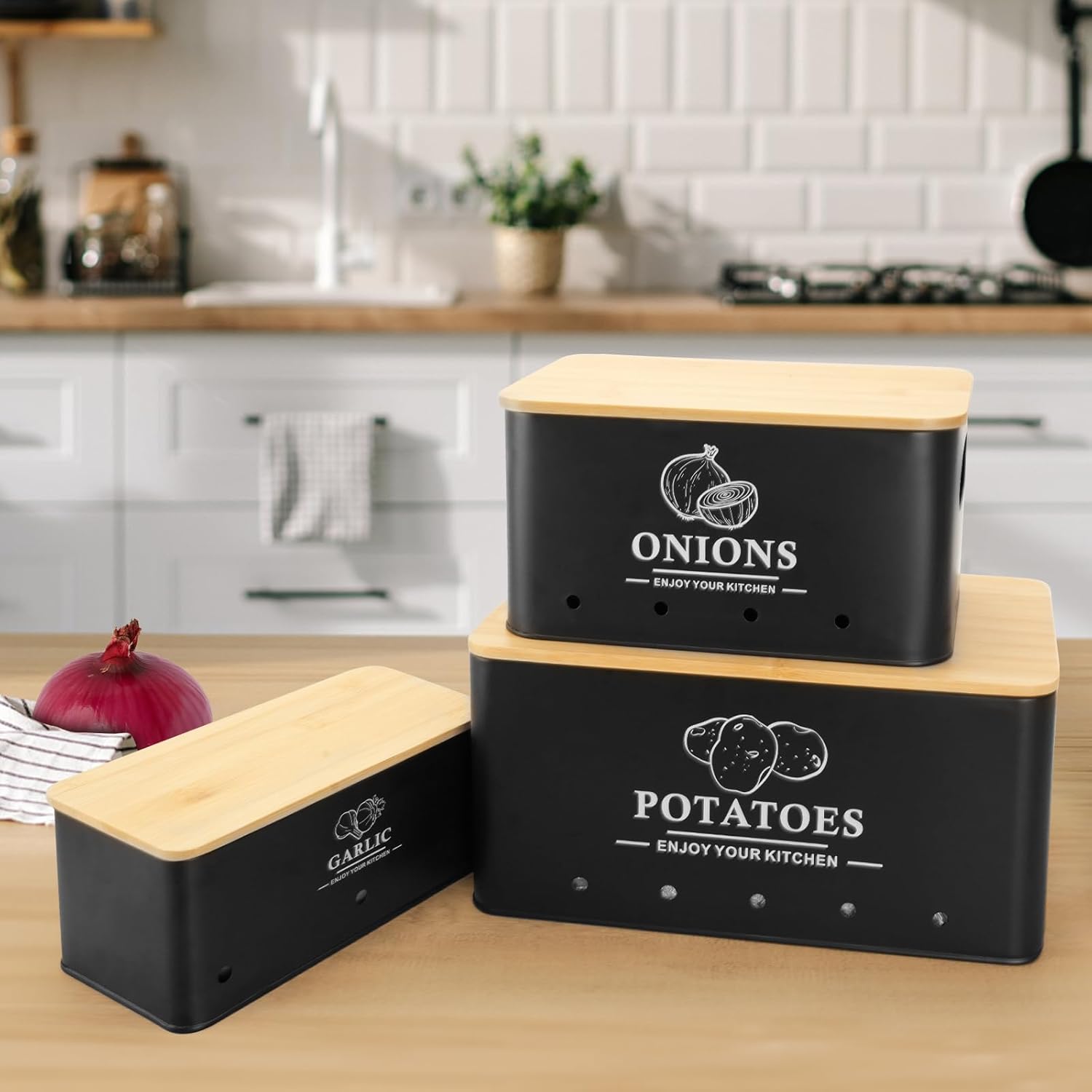 Kitchen Vegetable Storage Set of 3, Metal Onion Garlic Potato Storage Set, Kitchen Canisters Vegetable Keeper Containers with Ventilation Holes and Bamboo Lid, Black
