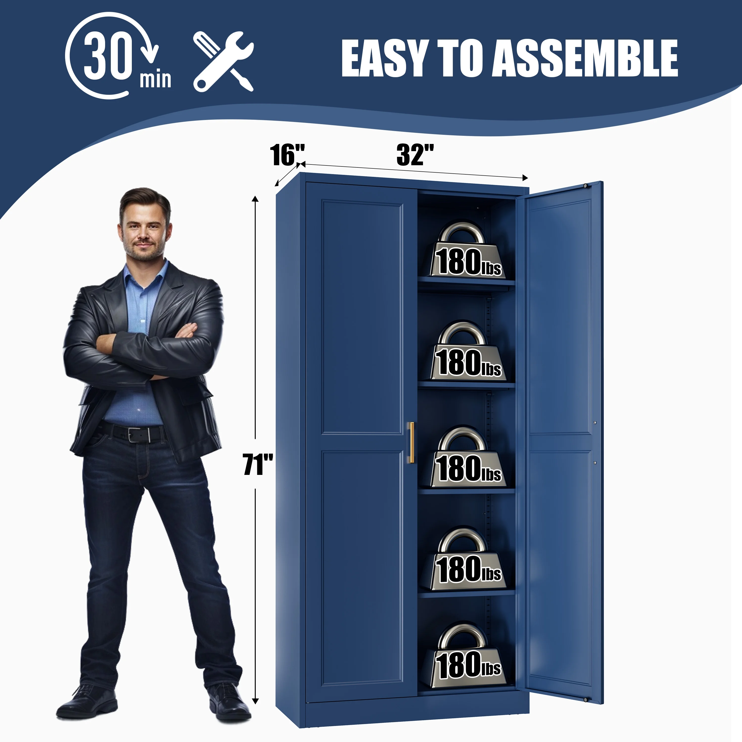 71" H Modern Metal Kitchen Pantry Storage Cabinet with Adjustable Shelves and Doors Blue - Image 5