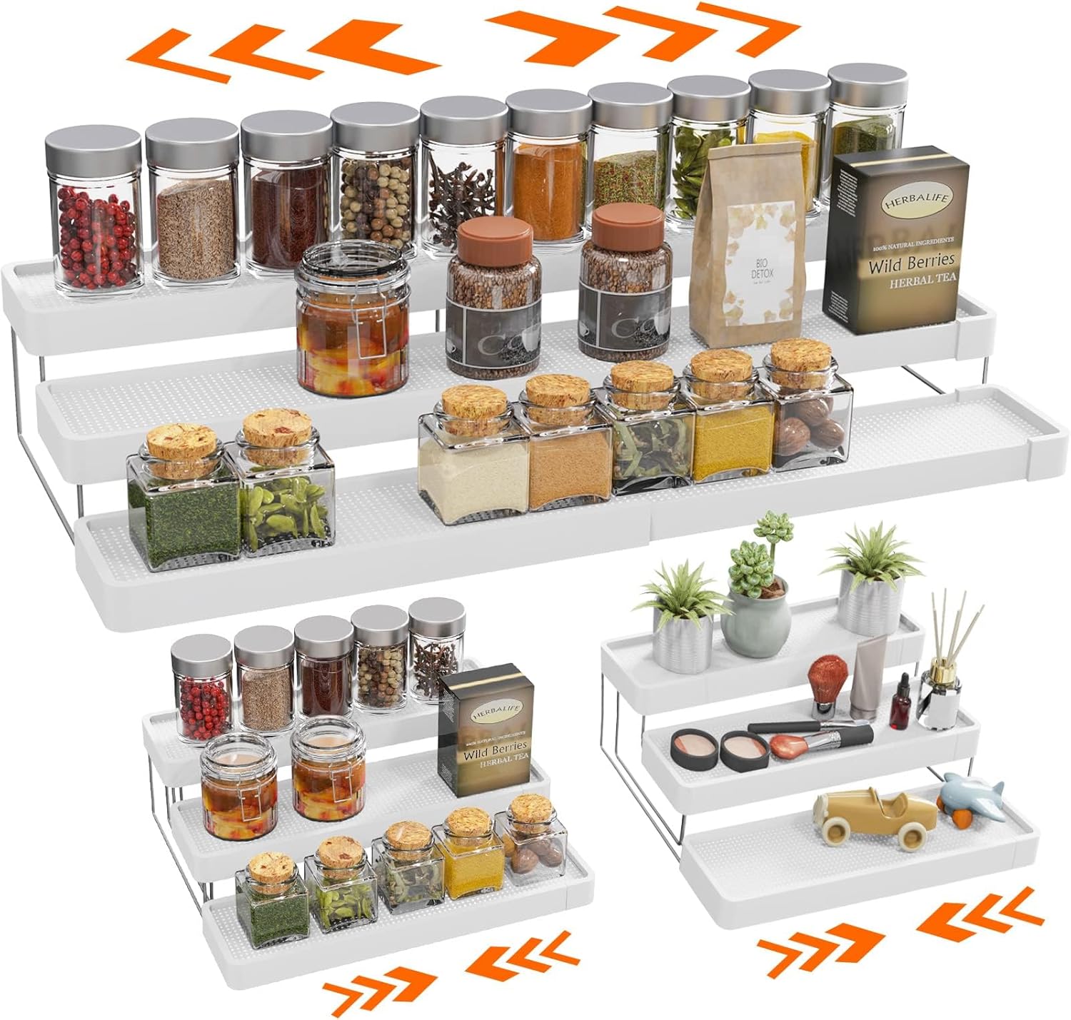 Expandable Spice Rack Organizer for Cabinet - 3 Tier Adjustable Cabinet Spice Organizer for Easy Visibility - Spice Organizer for Cabinet Countertop Cupboard Pantry Organization (White)