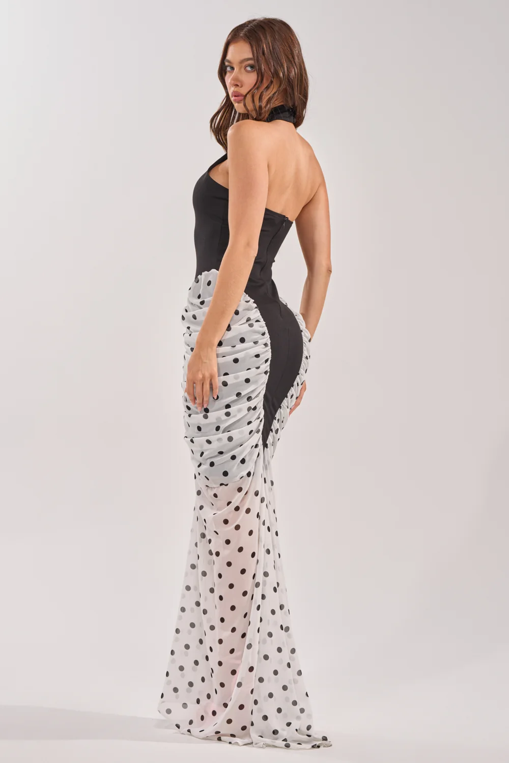 OUT FOR THE NIGHT MOCK NECK MAXI DRESS IN POLKA DOT - Akira Store