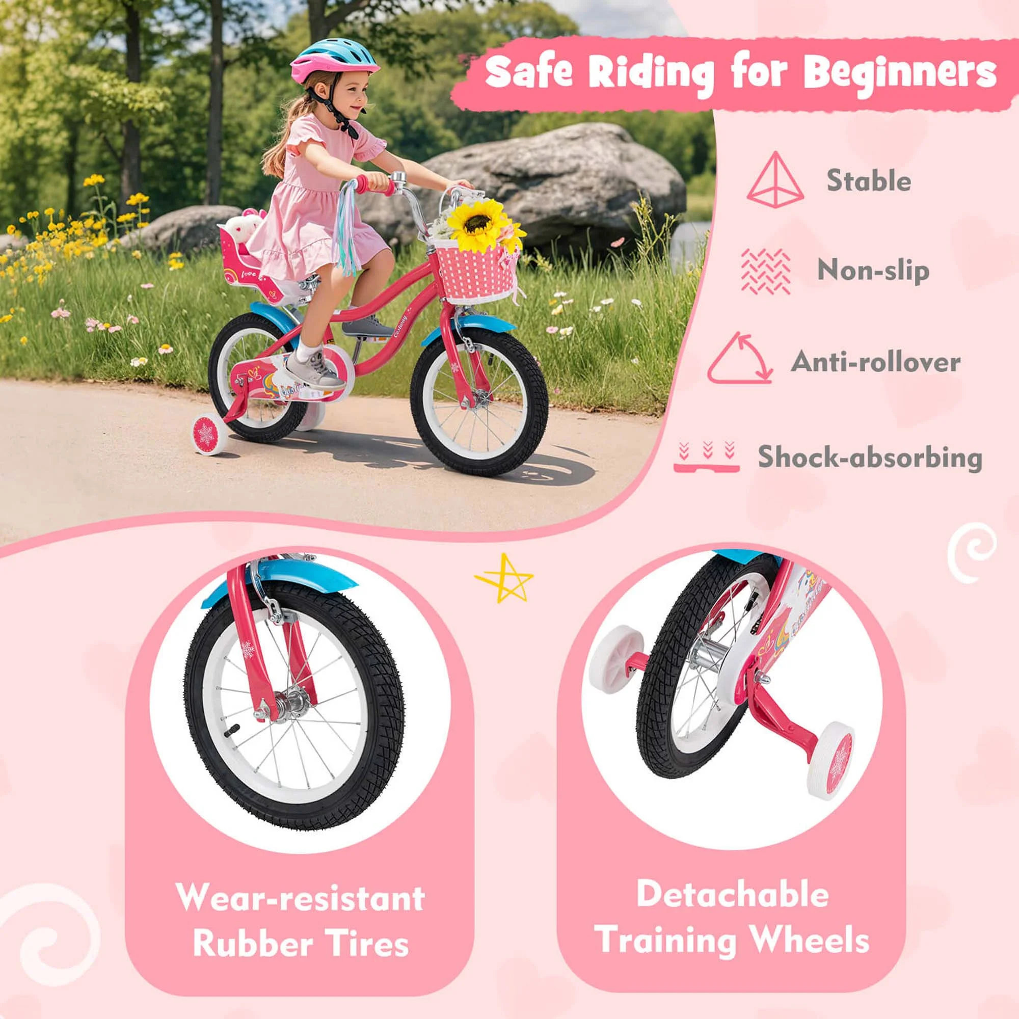 14 Inch Kids Bike with Basket Doll Seat Colorful Streamers 2 Training Wheels Pink(Pink/14") - Image 7