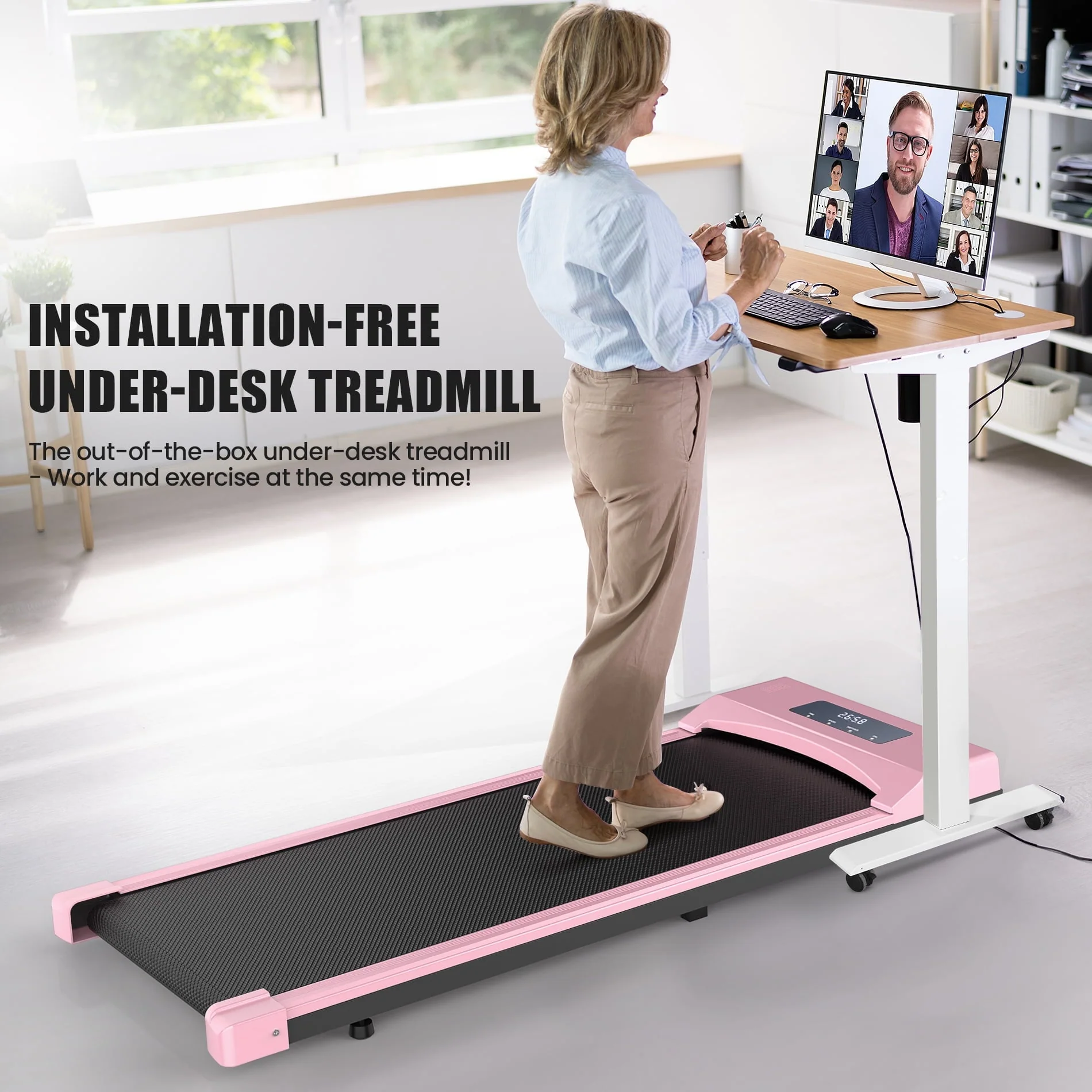 Adnoom Under Desk Treadmill,2 5HP Installation Free Slim Flat Compact Treadmill,Electric Quiet Walking Treadmill with LED Display and Wireless Remote Control for Home/Office (pink) Image 7