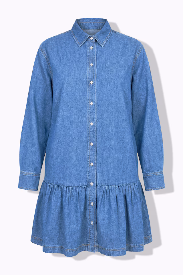 Flounce Hem Long Sleeve Denim Dress