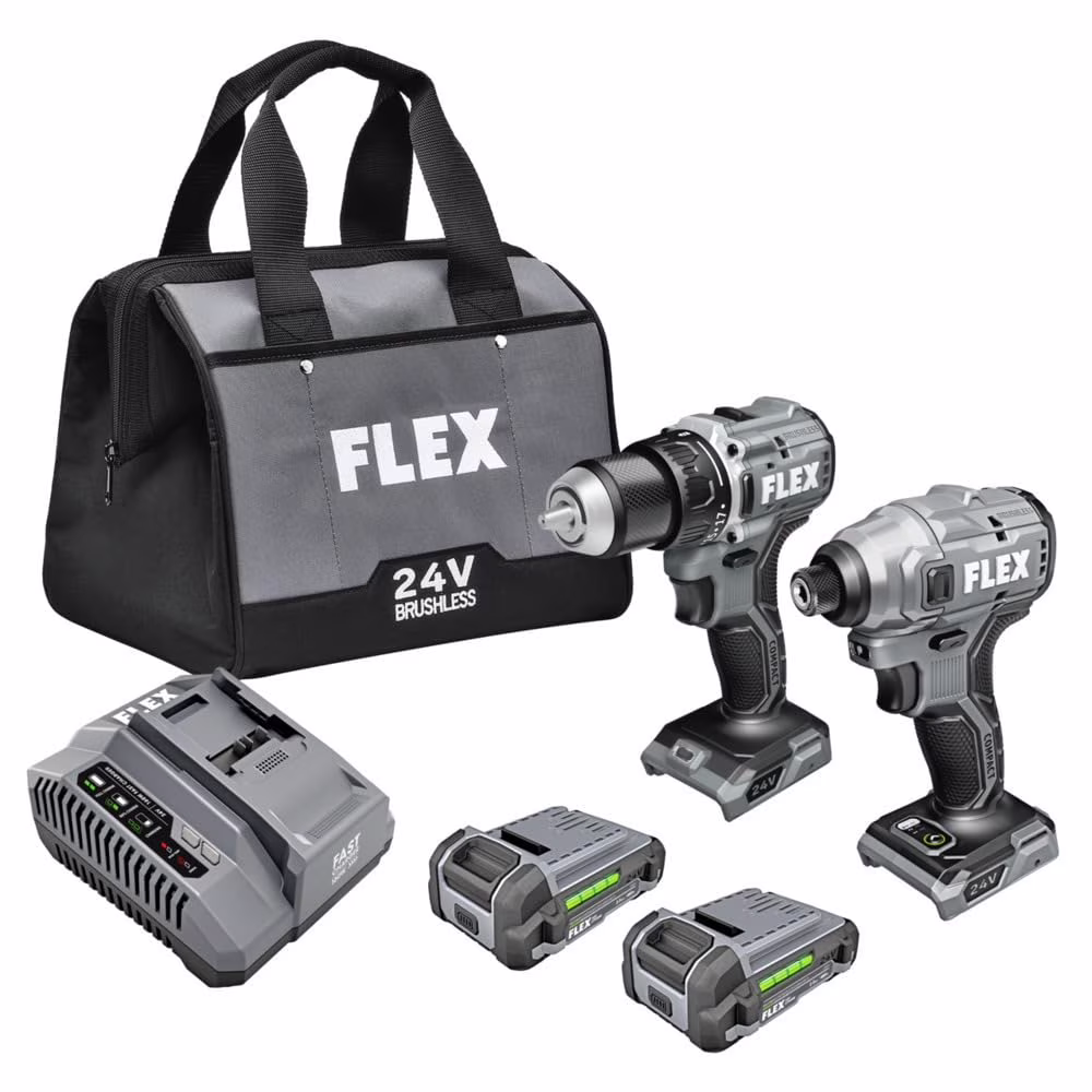 FLEX 24V Brushless Cordless 2-Tool Compact Combo Kit: 1/2-Inch 2-Speed Drill Driver and 1/4-Inch Hex Impact Driver with (2) 2.5Ah Lithium Batteries and 160W Fast Charger - FXM205-2A C30