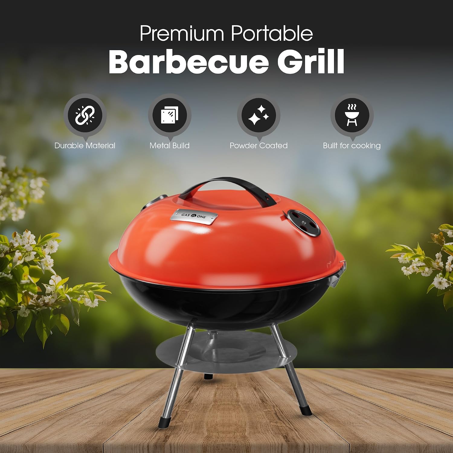 GasOne 14-inch Portable Charcoal Barbecue Grill with Thermometer – Red