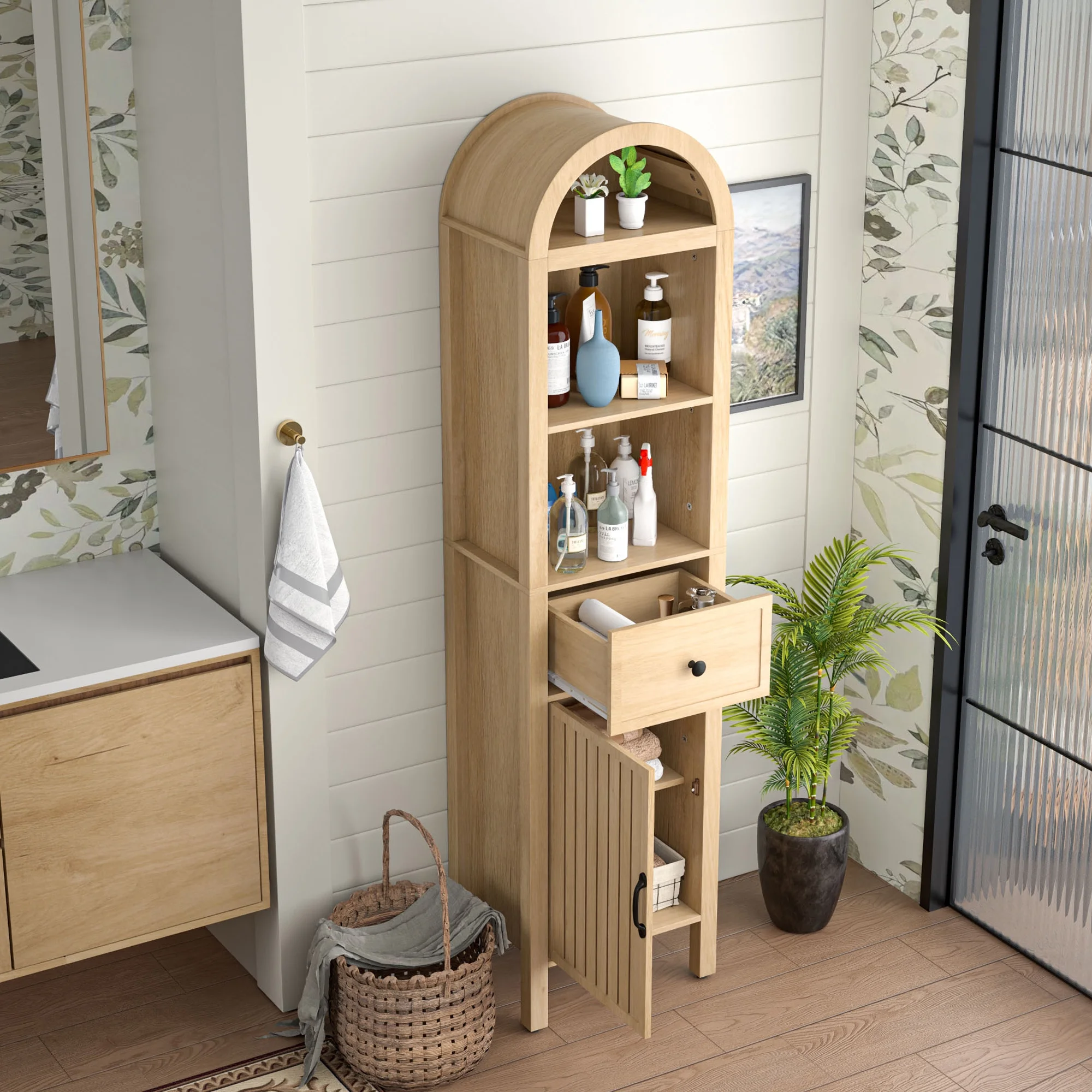 Bathroom Storage Cabinet Narrow Tall Cabinet Storage Tower with Door and Drawer(Walnut Color) - Image 10