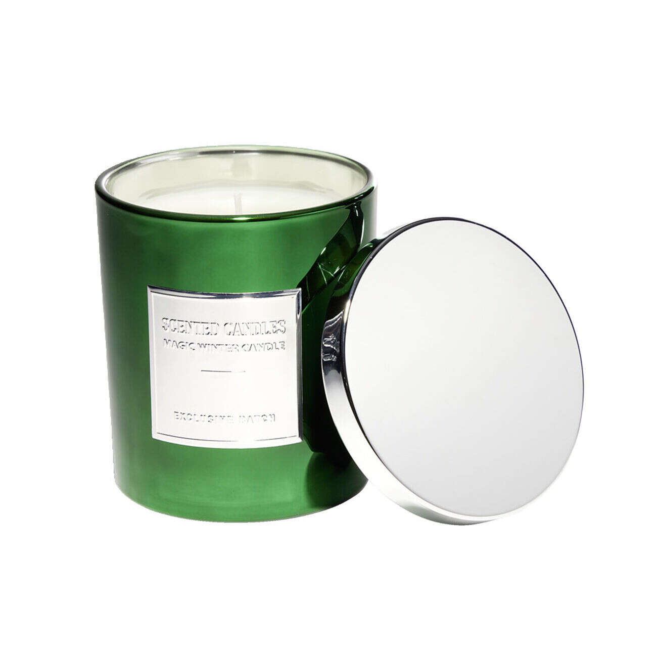 Bougie avec couvercle pot métallisé gris et vert senteur sapin 25H