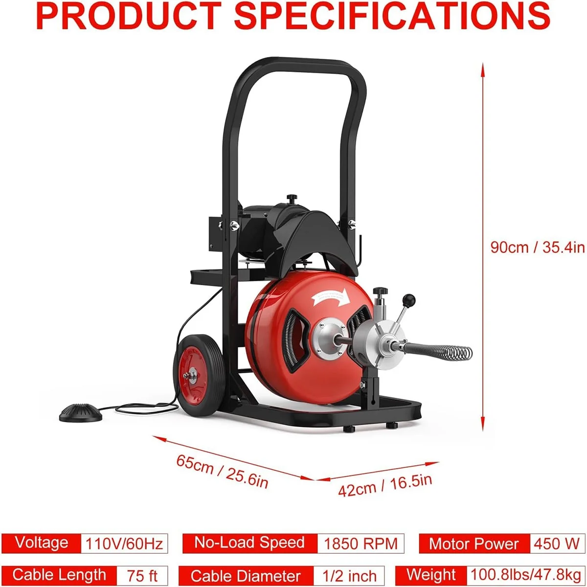 75 FTx1/2 Inch Drain Cleaning Machine, Auto Feed Sewer Snake Drill with Wheels, Pipe Spiral Cleaner with 4 Cutters and Pneumatic Foot Switch, for 2" to 4" Pipes(75Ft x 1/2) - Image 6