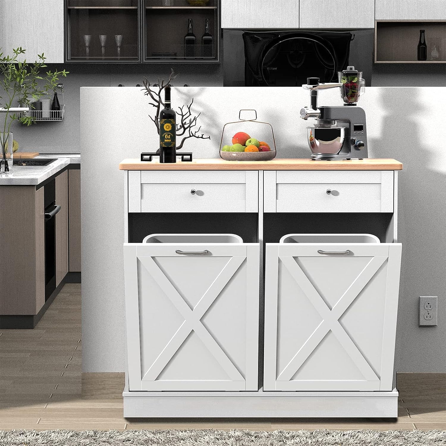 Double Tilt Out Trash Cabinet, Wooden Free Standing Laundry Sorter Cabinet, with Hideaway Drawer, White(White/20 gal) - Image 9