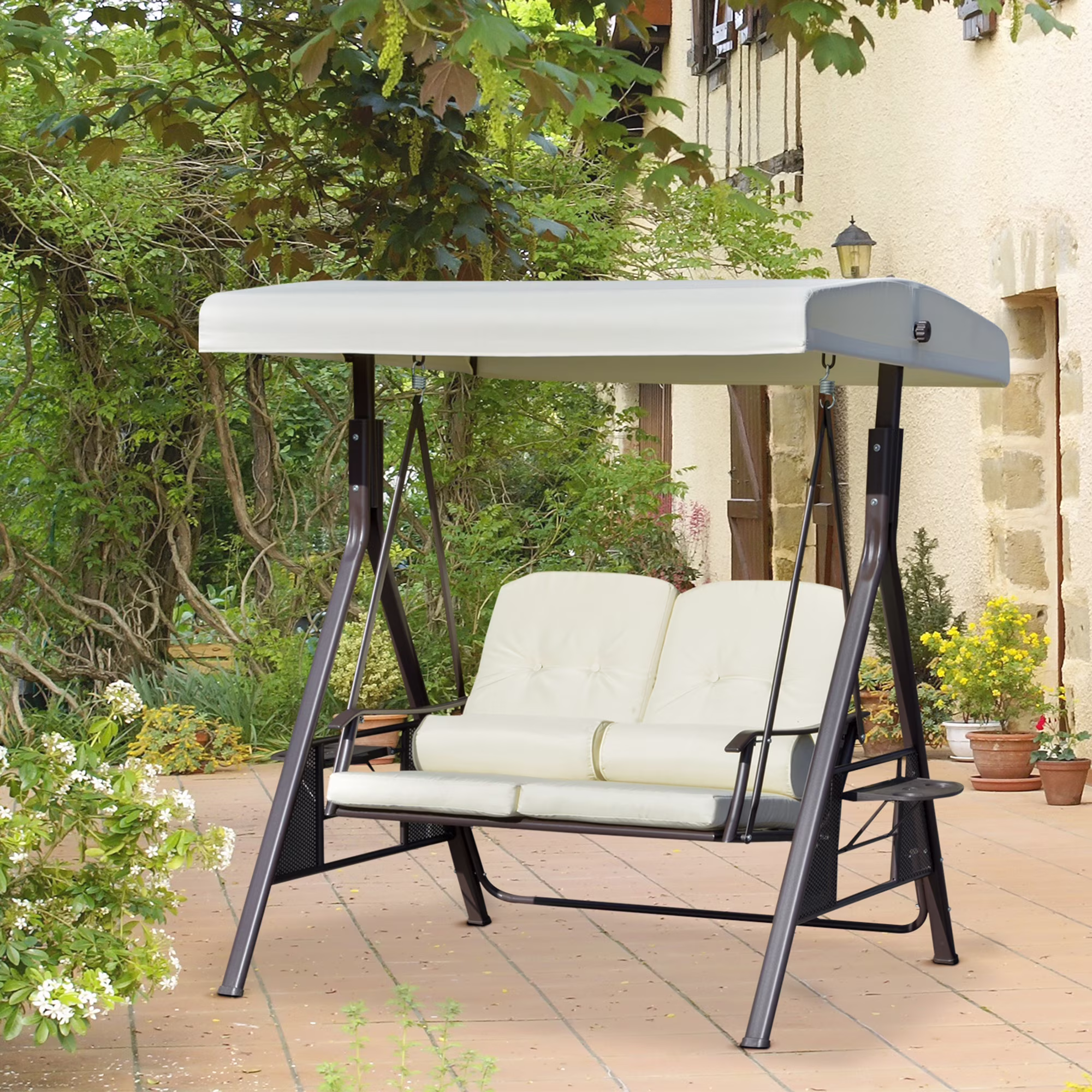 2-Person Patio Swing Bench with Adjustable Shade Canopy, Soft Cushions, Throw Pillows and Tray, Beige.(Beige)