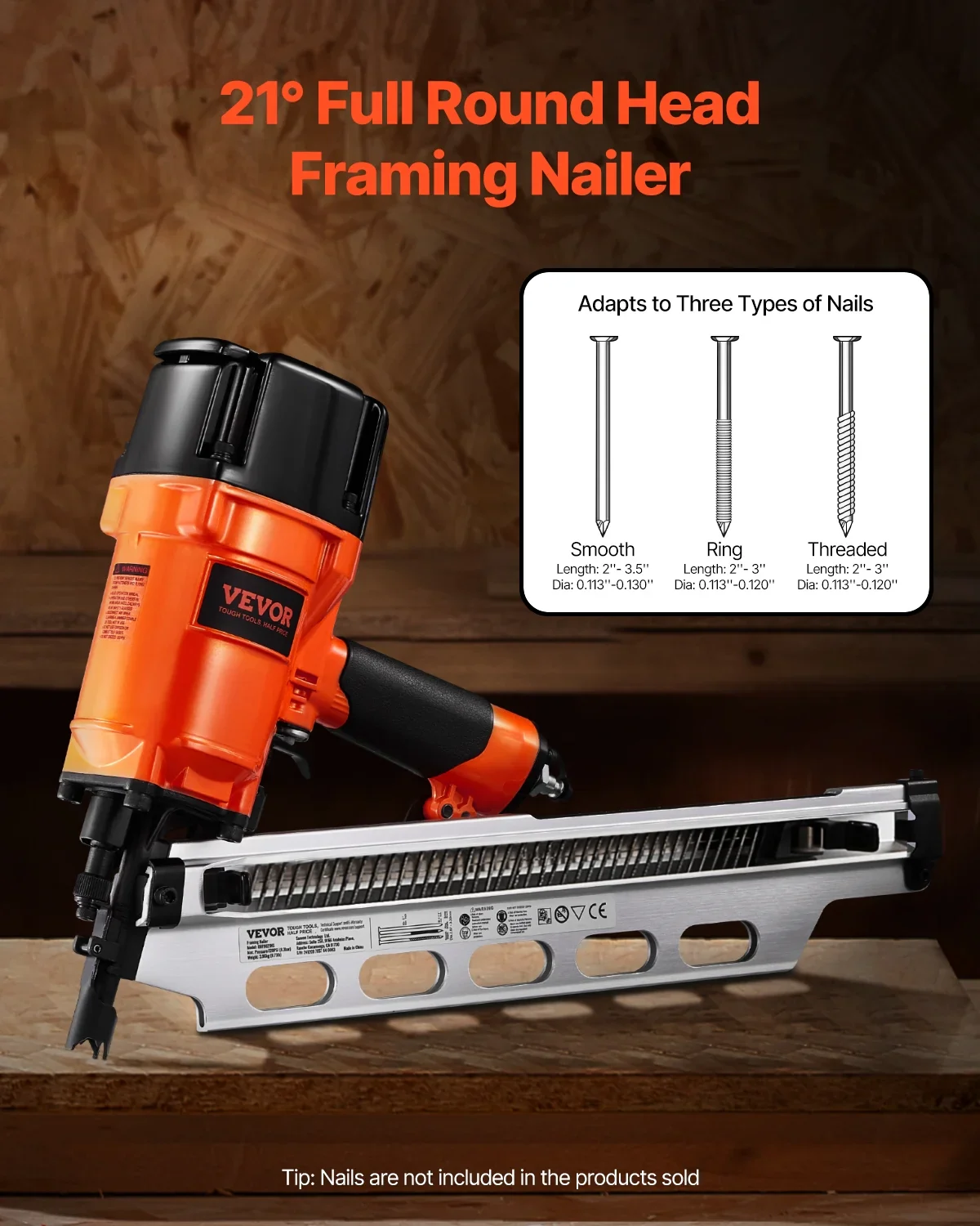 VEVOR Framing Nailer, 2 to 3-1/2 21 Degree Full Round Head Pneumatic Framing Nailer with Dual Trigger Modes & Tool-Less Depth Adjustment, 80-120PSI Pro Air Nail Gun for Framing Flooring Decking