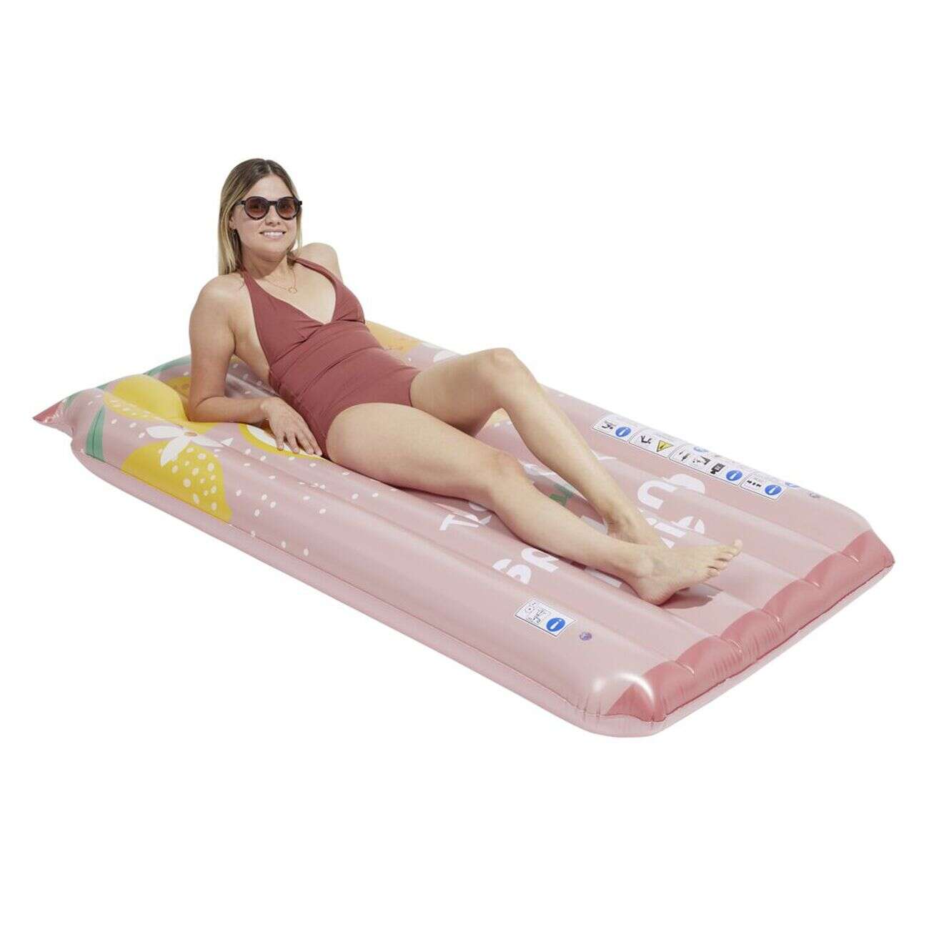 Matelas gonflable piscine Tropical Fresh motif citron rose et jaune 90x180cm
