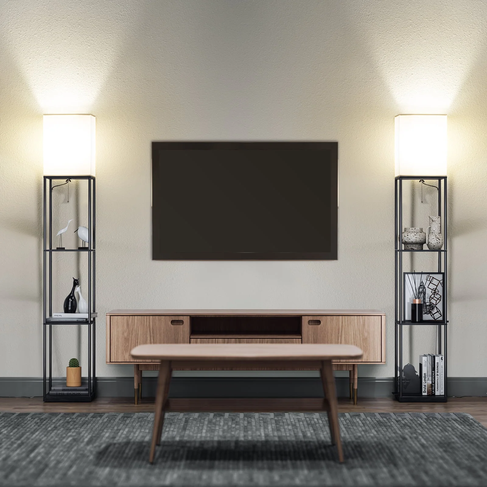 Modern Iron Shelf Floor Lamp with 3 Way Dimmable LED Bulb, Shelves and White Shade for Living Room and Bedroom(Black) Image 7
