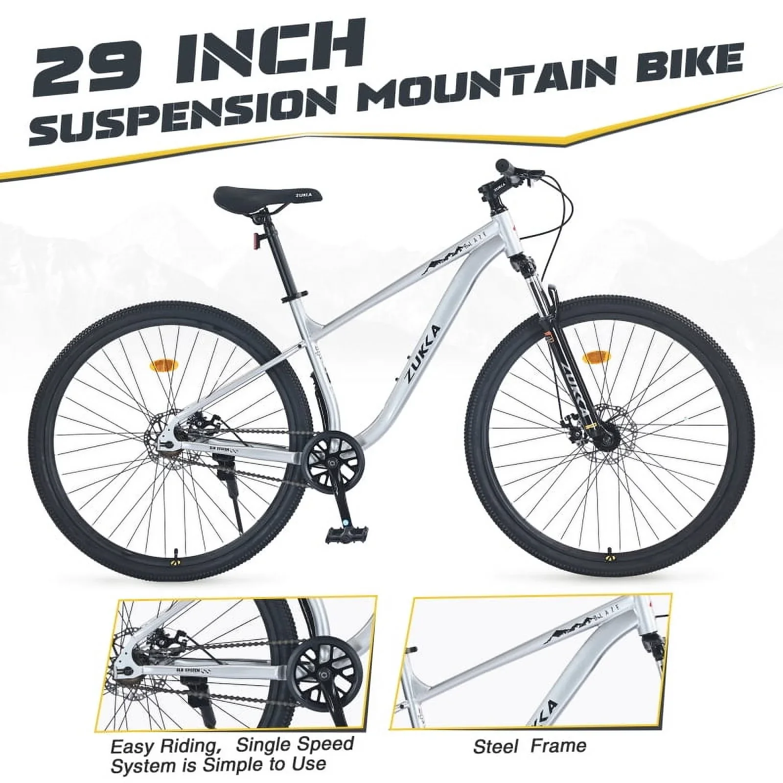 29 Single-Speed Mountain Bike: Steel Frame, Front Suspension, Dual Disc Brakes (For All Ages)