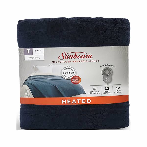 Sunbeam Microplush Electric Heated Blanket, Poseidon Blue, Twin