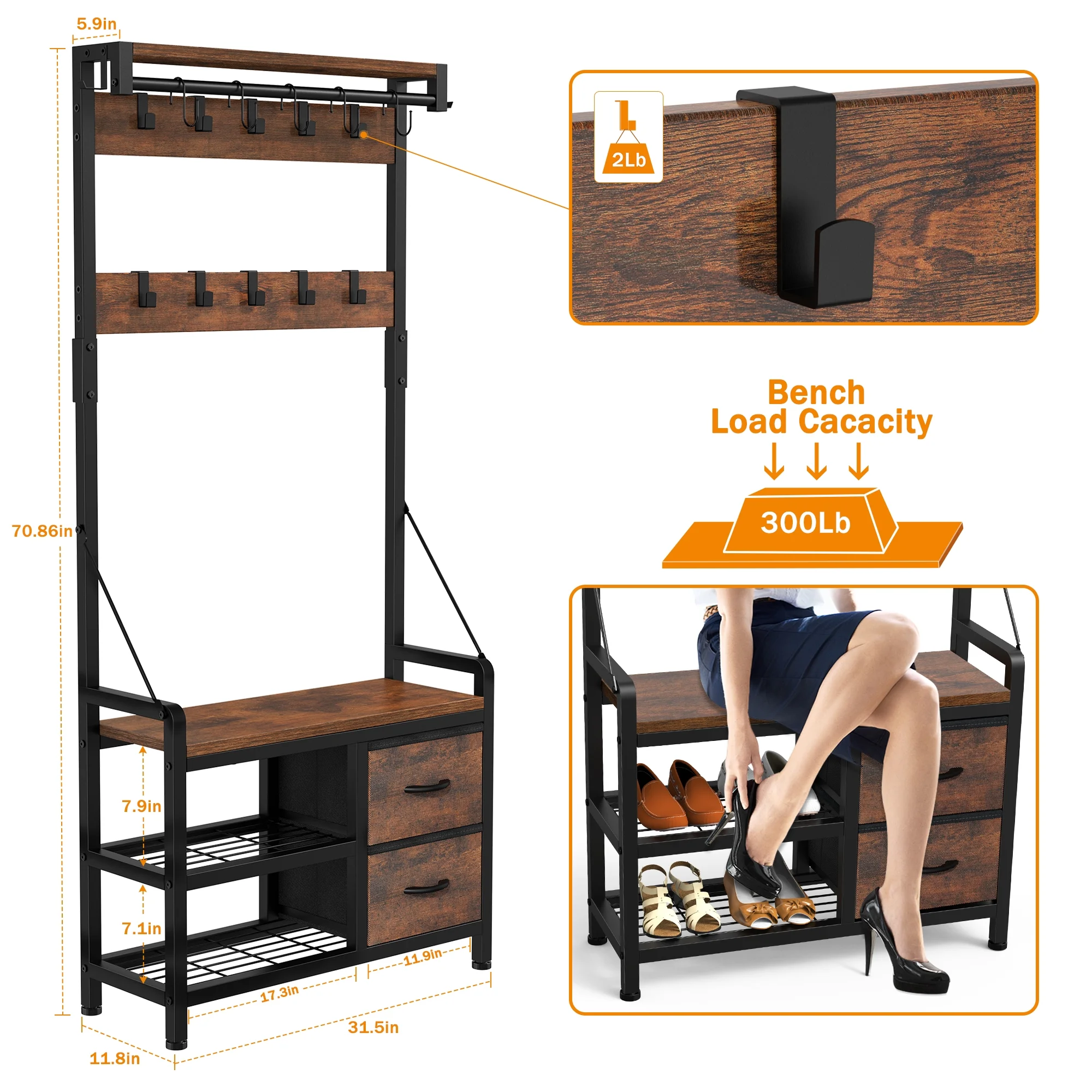 GIKPAL 5 in 1 Hall Tree, Entryway Bench with Coat Hooks Industrial Entryway Bench with 17 Hooks 2 Drawers and Top Shelf, for Hallway or Living Room, Rustic Brown(2 Drawers/Brown)