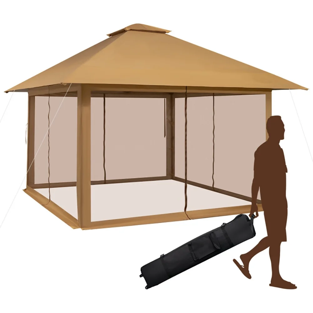 Resenkos 13 x 13 Feet Pop-up Instant Canopy Tent with Mesh Sidewall-Coffee, Hardtop Roof for Garden,Backyard Shade